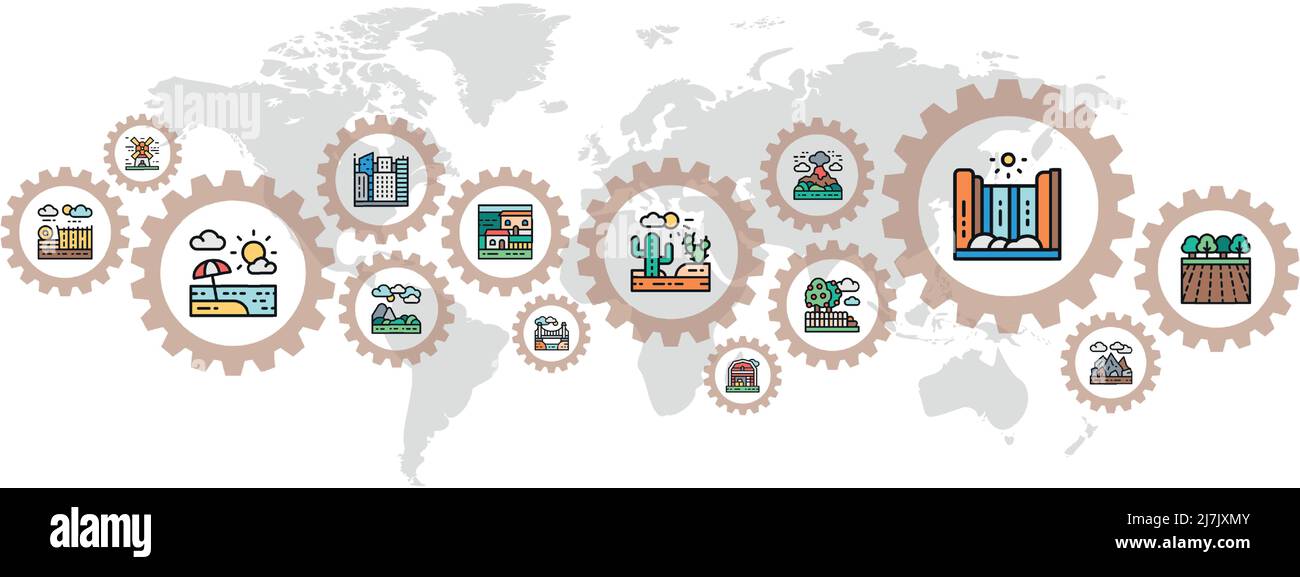 Bannière paysage avec icônes Web colorées. Pont, forêt, jardin, volcan, Moulin concept bannière arrière-plan. Illustration de Vecteur