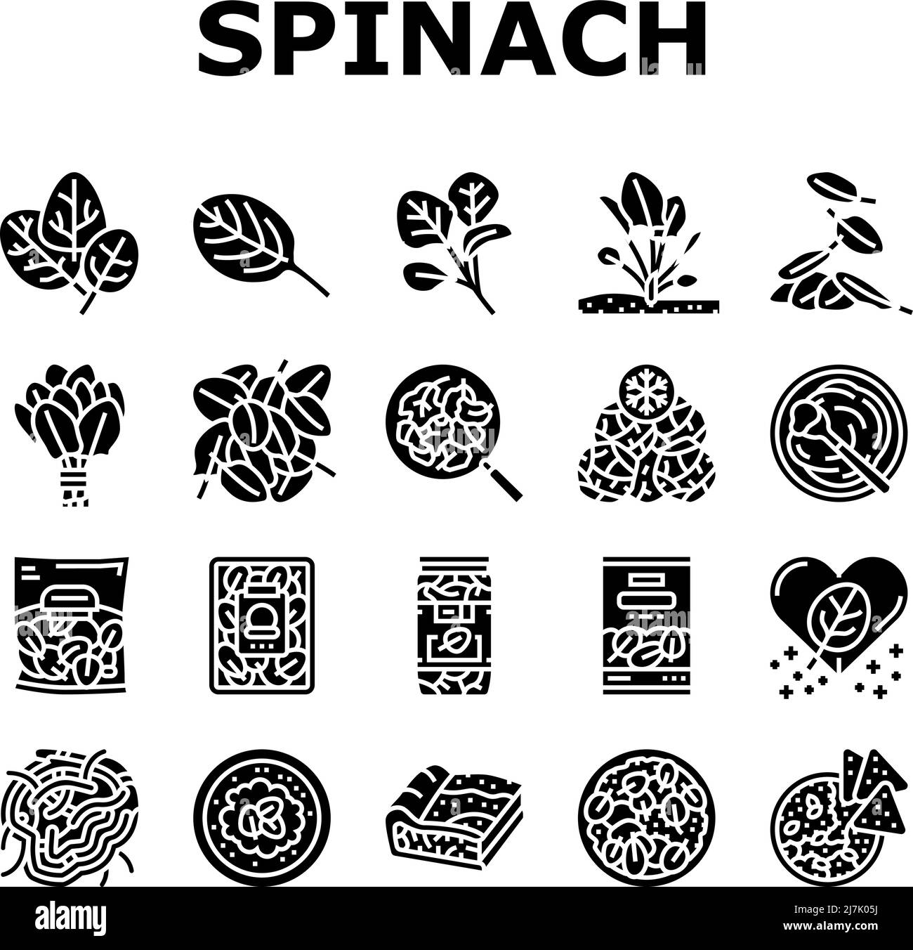 Ensemble d'icônes d'ingrédients de la saine alimentation aux épinards Vector Illustration de Vecteur