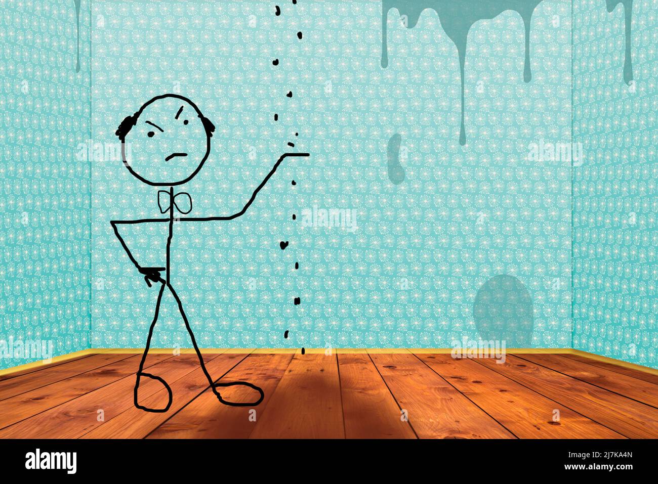 Assurance habitation pour dommages d'eau. Stickman dessin d'un homme en colère vérifiant les dommages de fuite dans sa maison Banque D'Images