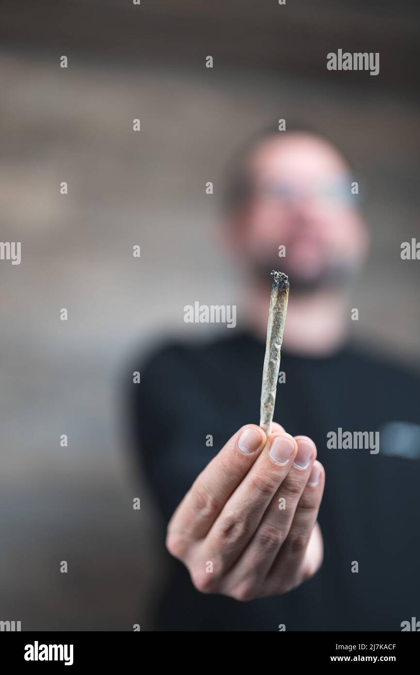 Une main offrant un joint avec beaucoup d'espace de copie. Éviter la pression des pairs par la prévention. Banque D'Images