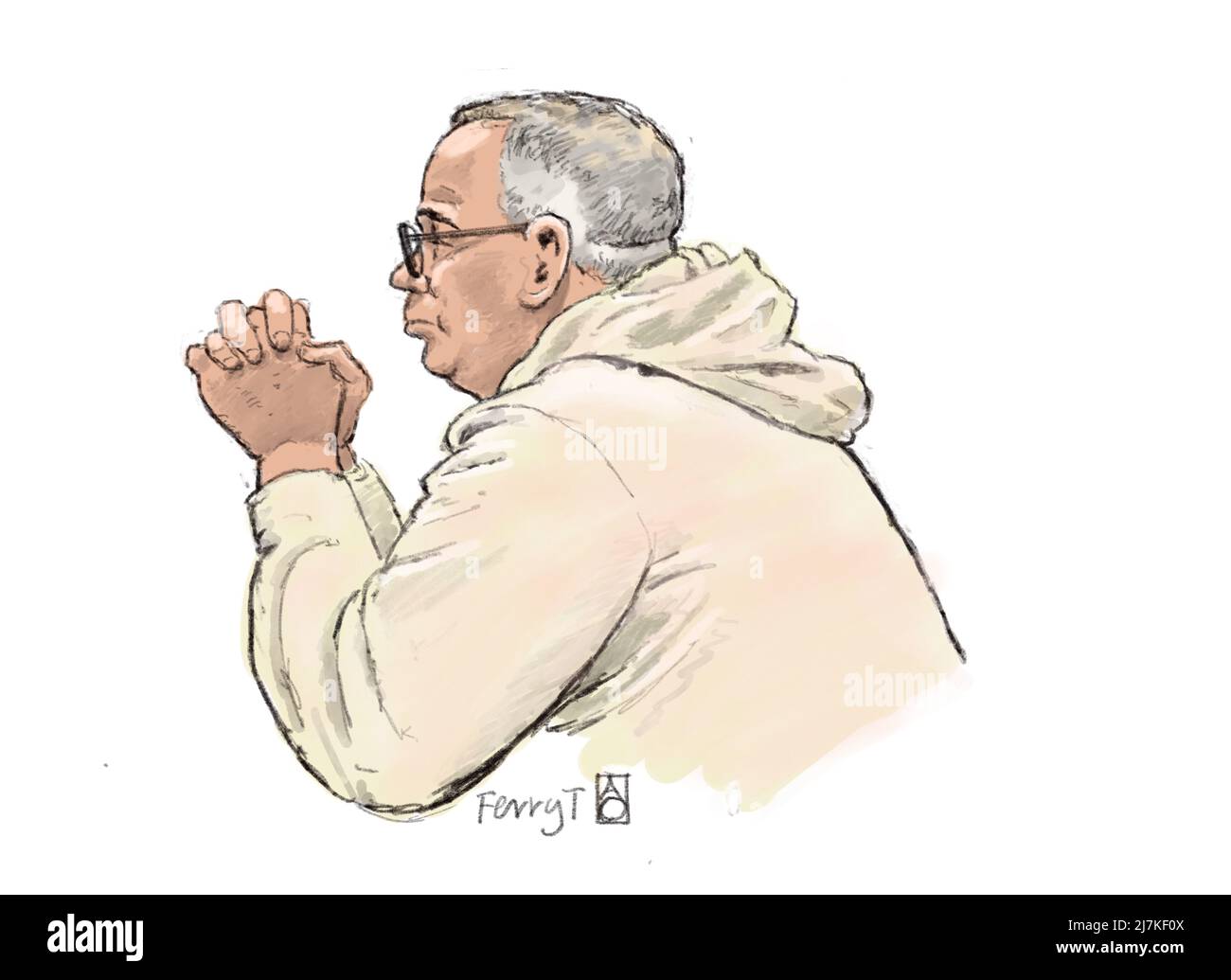 2022-05-10 11:00:00 LA HAYE - dessin de la Cour de suspect Ferry T. qui est en jugement pour poignarder un joueur de rugby de 23 ans à mort. Le corps de Renée Barendrecht a été retrouvé sans vie le dimanche 23 mai 2021, à côté de la piste cyclable de la Doorniksestraat, près de la Scheveningse Bosjes. ANP ALOYS OOSTERWIJK pays-bas hors - belgique hors Banque D'Images