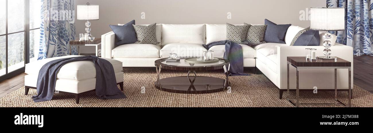 Séjour au design côtier. Faux mur blanc dans un arrière-plan intérieur confortable. Illustration de rendu 3d de style Hampton. Banque D'Images