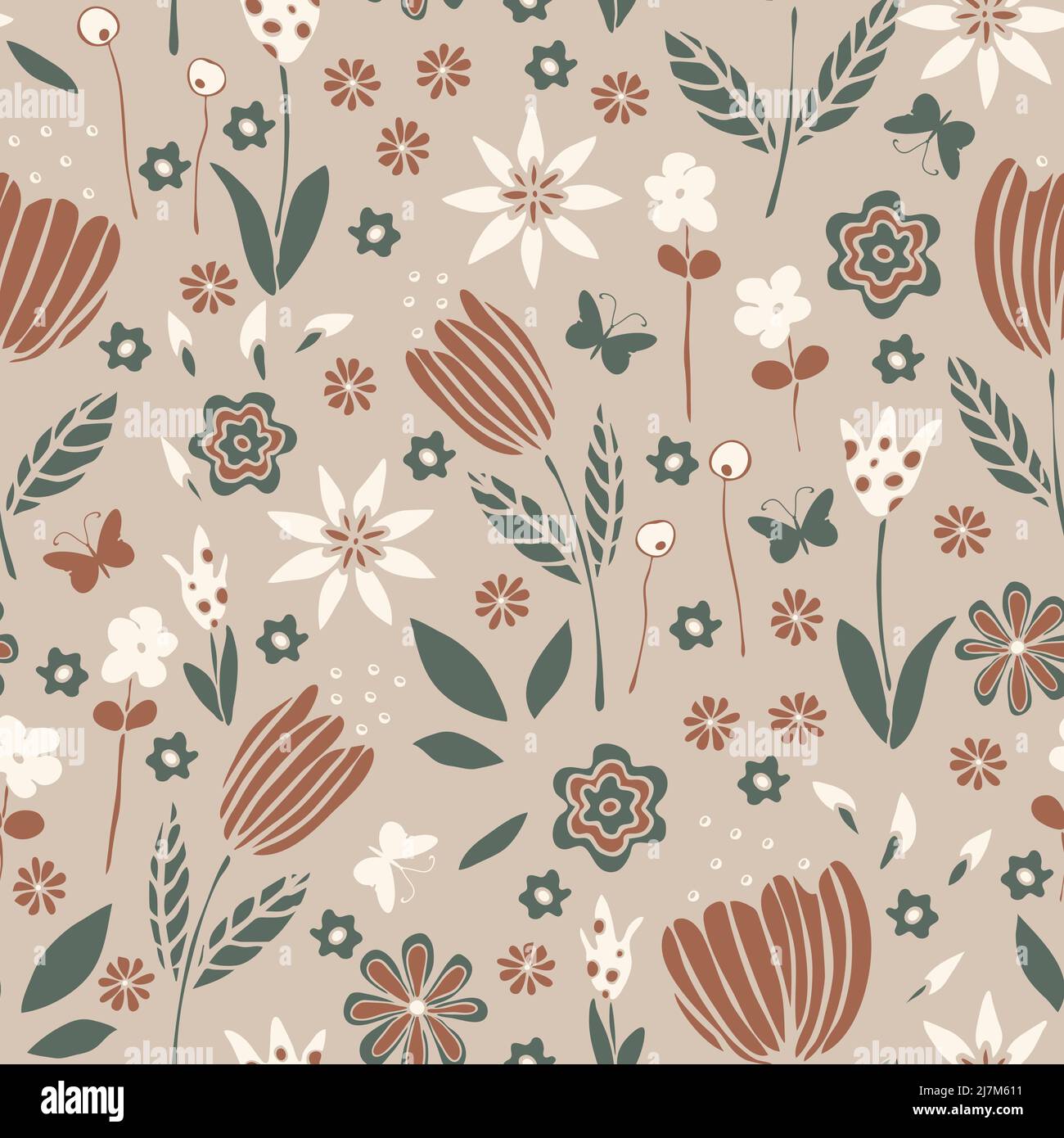 Motif vectoriel sans couture avec jardin de fleurs pastel sur fond beige. Papier peint à motif fleuri doux et simple. Décoration de rêve Prairie mode textile. Illustration de Vecteur