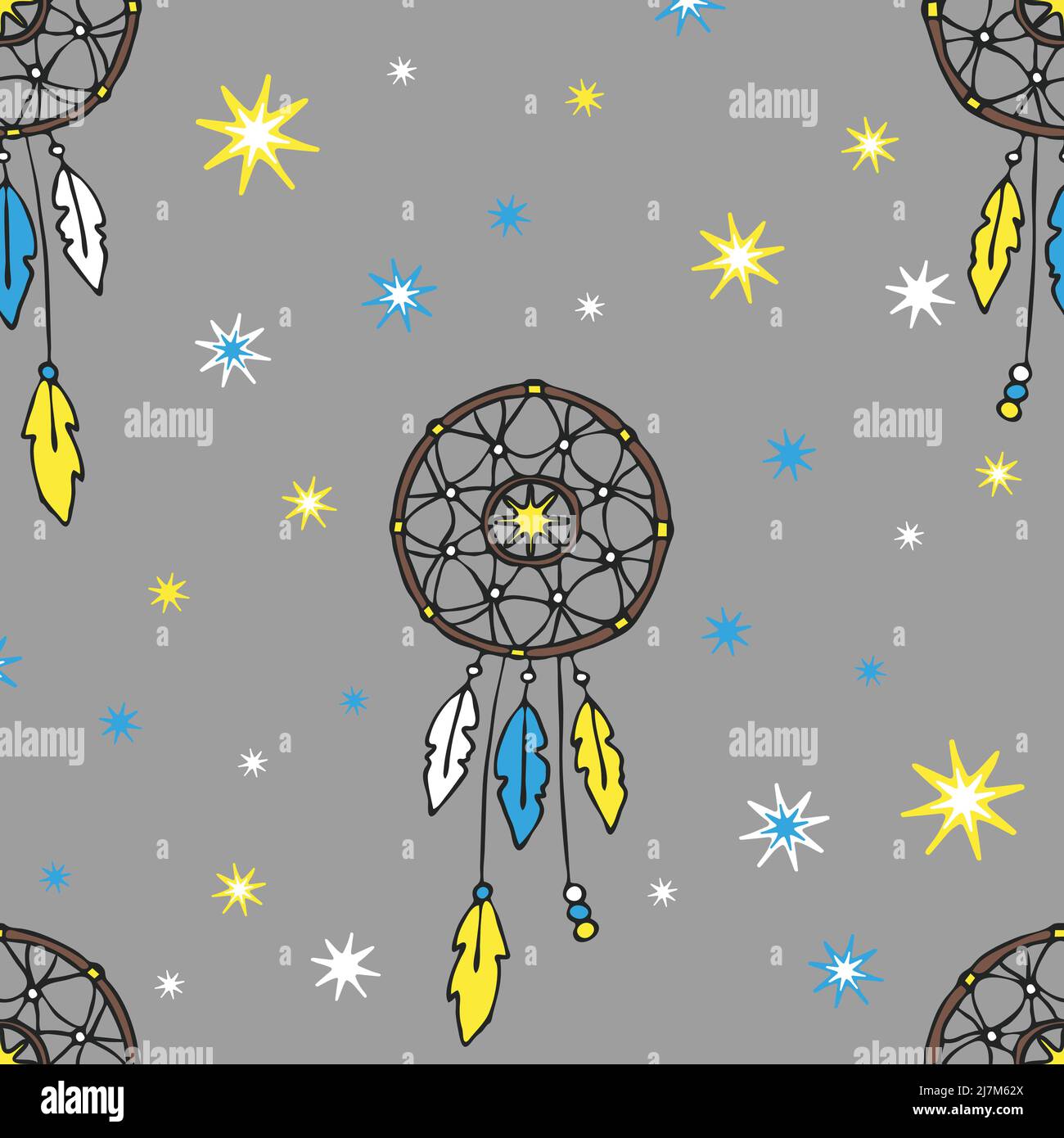 Motif vectoriel sans couture avec une image de rêve et des étoiles sur fond gris. Papier peint talisman simple. Textile de mode gypsy. Illustration de Vecteur