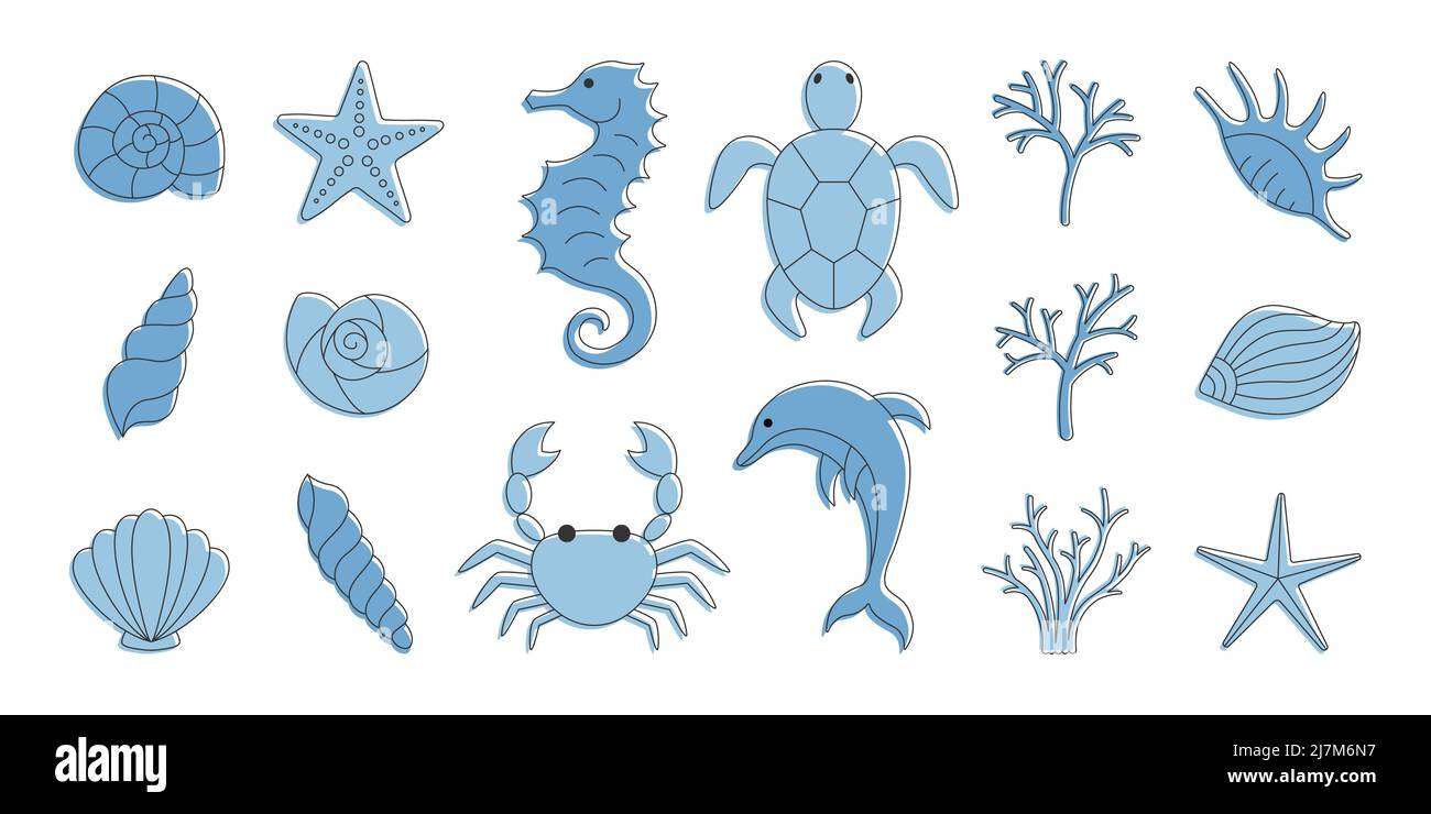 Ensemble de différents éléments de mer - coquillages, étoiles de mer, hippocampe, tortue, crabe, dauphin, coraux. Illustration vectorielle. Illustration de Vecteur