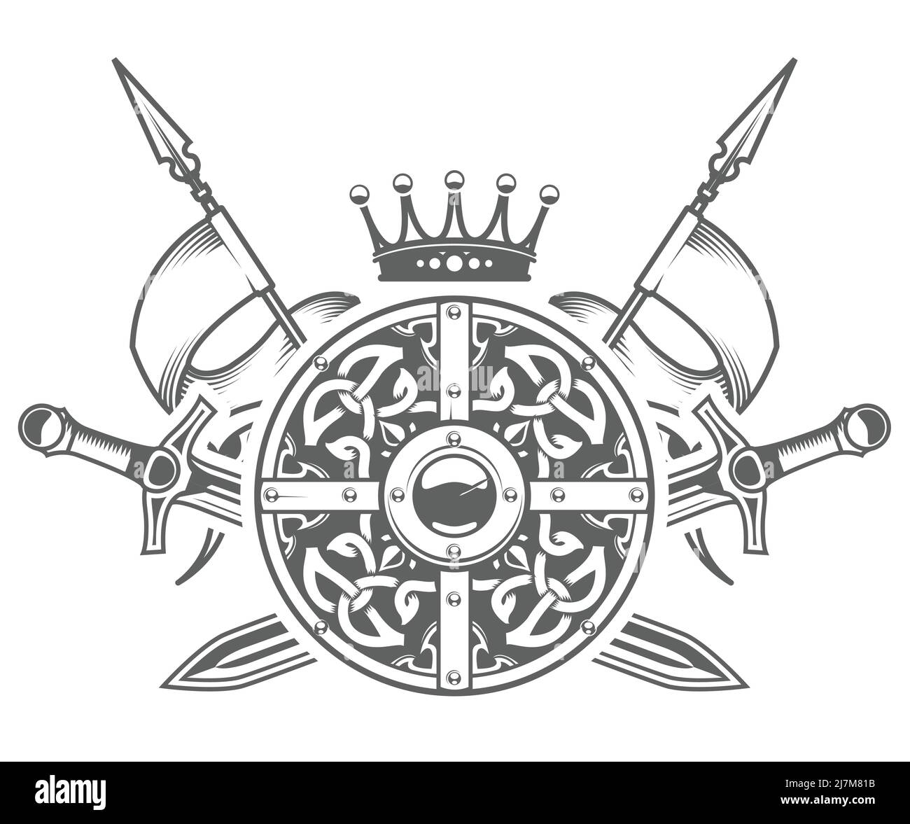 Armure de chevalier médiéval, bouclier rond avec motif décoratif, couronne avec épées et fanions croisés, blason médiéval et blason héraldique, vecteur Illustration de Vecteur
