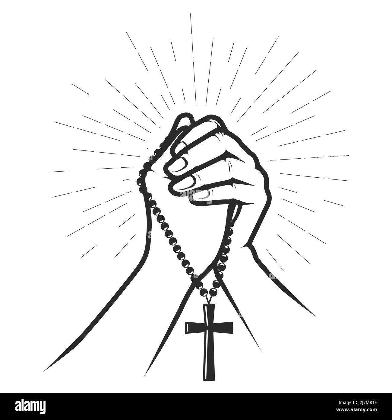Mains pliées dans la prière avec crucifix sur des perles, priez pour dieu, concept de foi et d'espérance, vecteur Illustration de Vecteur