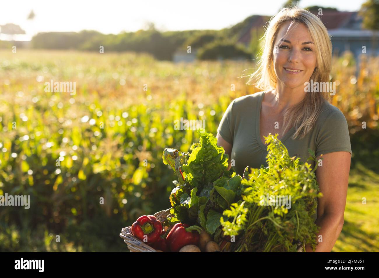 Portrait d'une femme caucasienne moyenne souriante transportant des légumes contre des cultures à la ferme le jour ensoleillé Banque D'Images