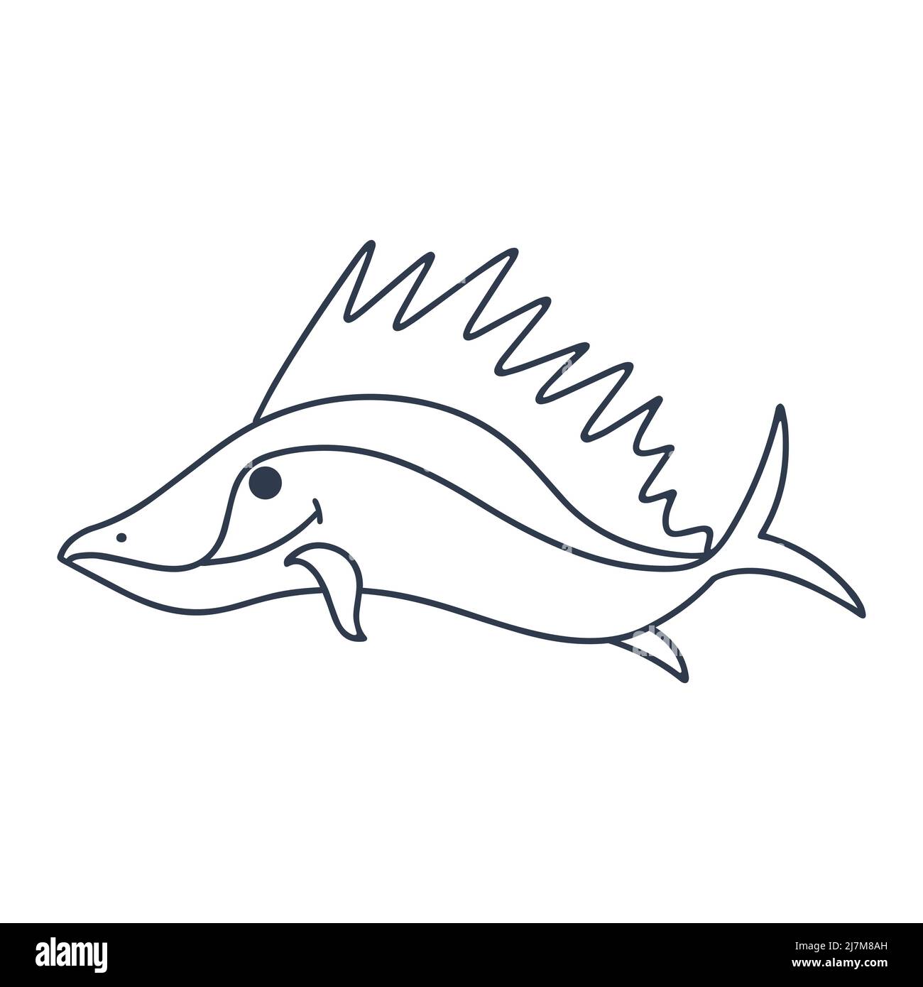 Prédateur de poissons marins avec illustration de l'oeddle vecteur de grande nageoire. Silhouette de caractère sous-marin. Contour dessin poisson d'océan isolé Illustration de Vecteur