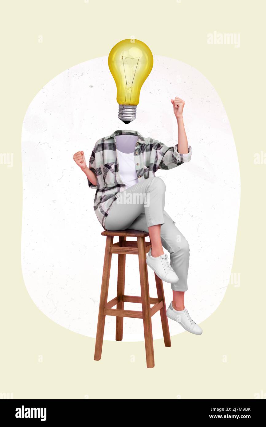 3d modèle abstrait créatif photo graphiques collage de la femme ayant une grande idée montante fists couleur beige fond Banque D'Images