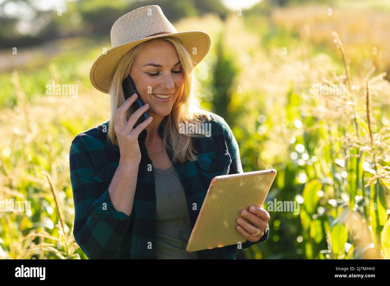 Souriante femme casienne de taille moyenne adulte portant un chapeau tenant un Tablet pc et parlant au-dessus d'un smartphone à la ferme Banque D'Images