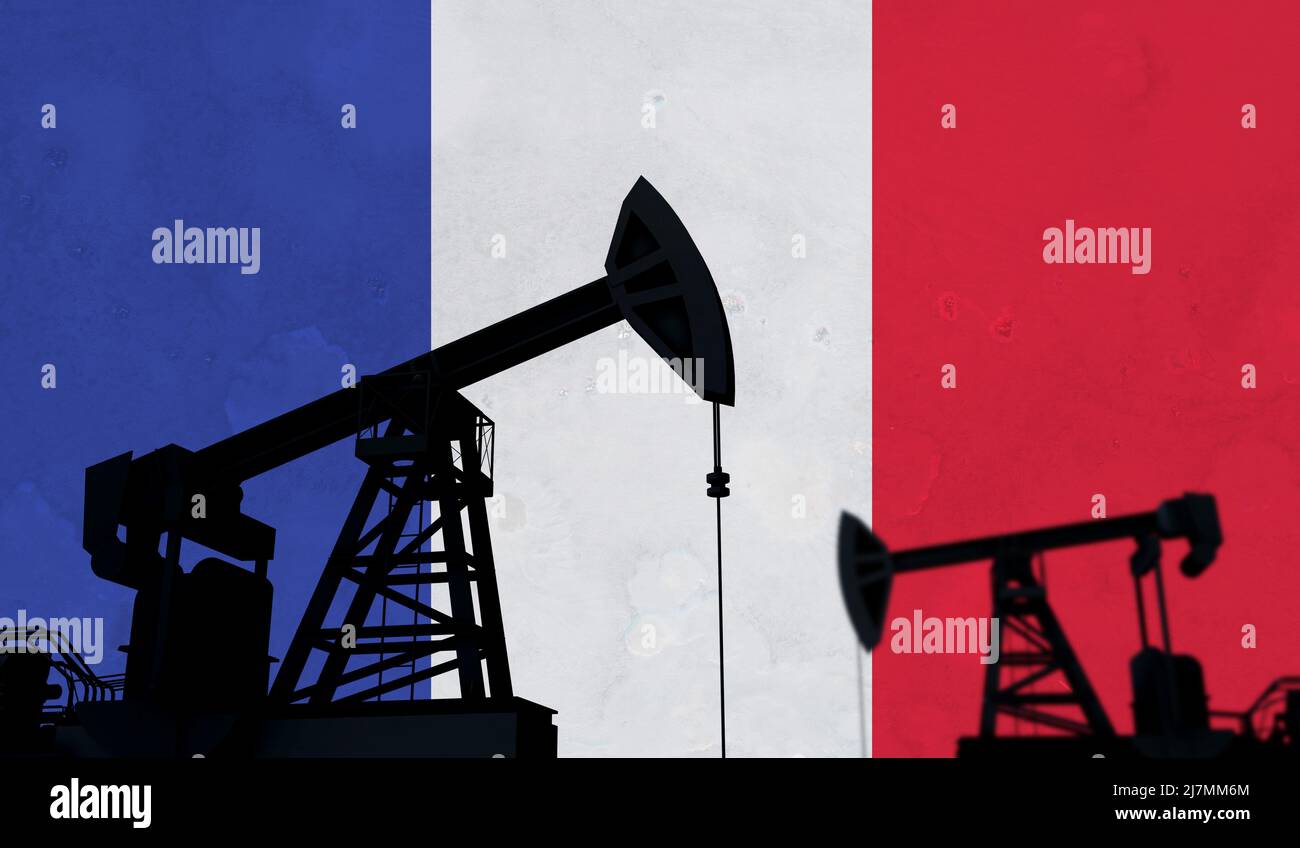 Contexte de l'industrie du pétrole et du gaz. Silhouette de la pompe à huile contre le drapeau de france. 3D rendu Banque D'Images
