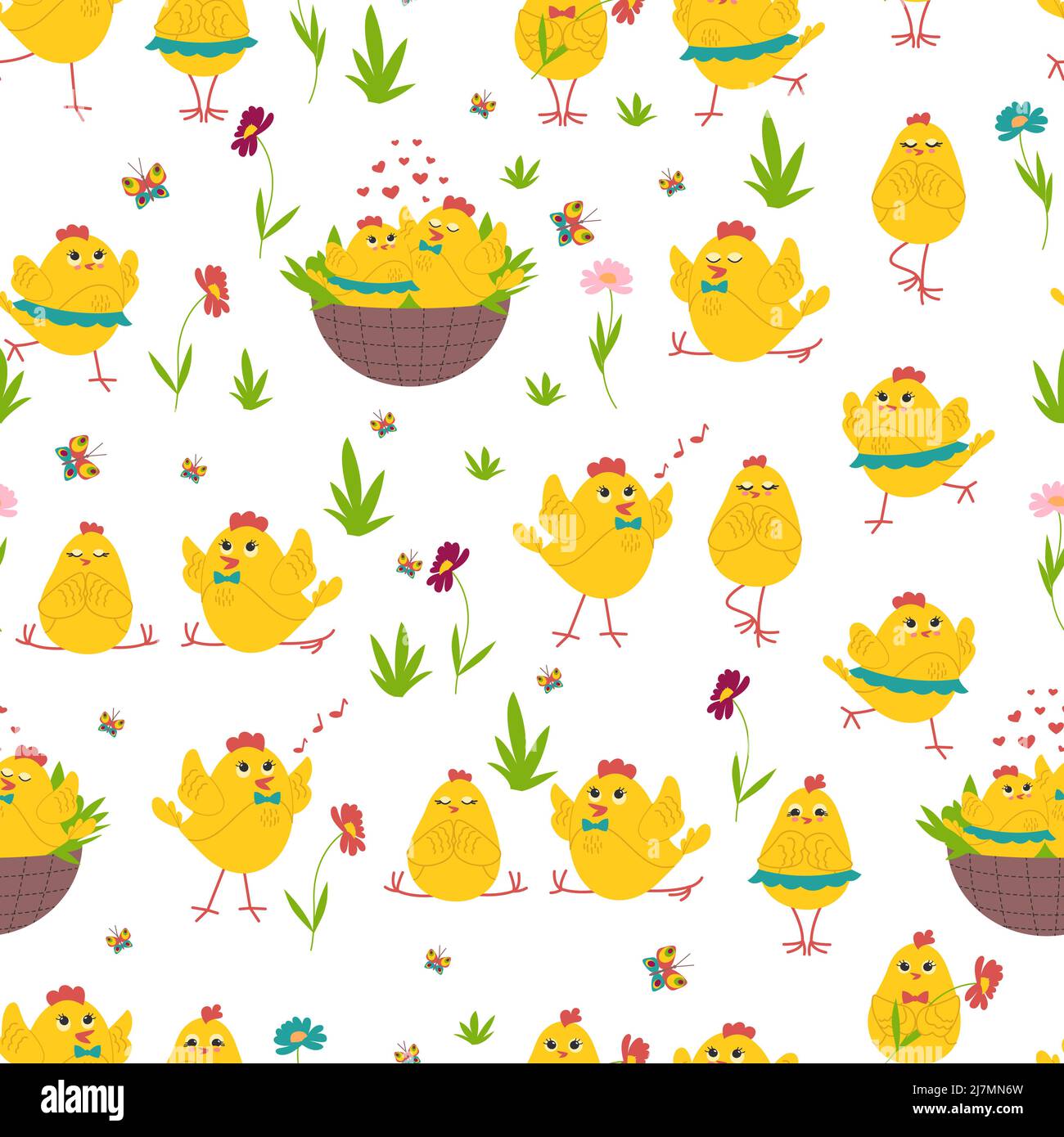 Jolis poules en différentes poses, fleurs et papillons sans couture. Poulets de Pâques. Volaille. Illustration vectorielle Illustration de Vecteur