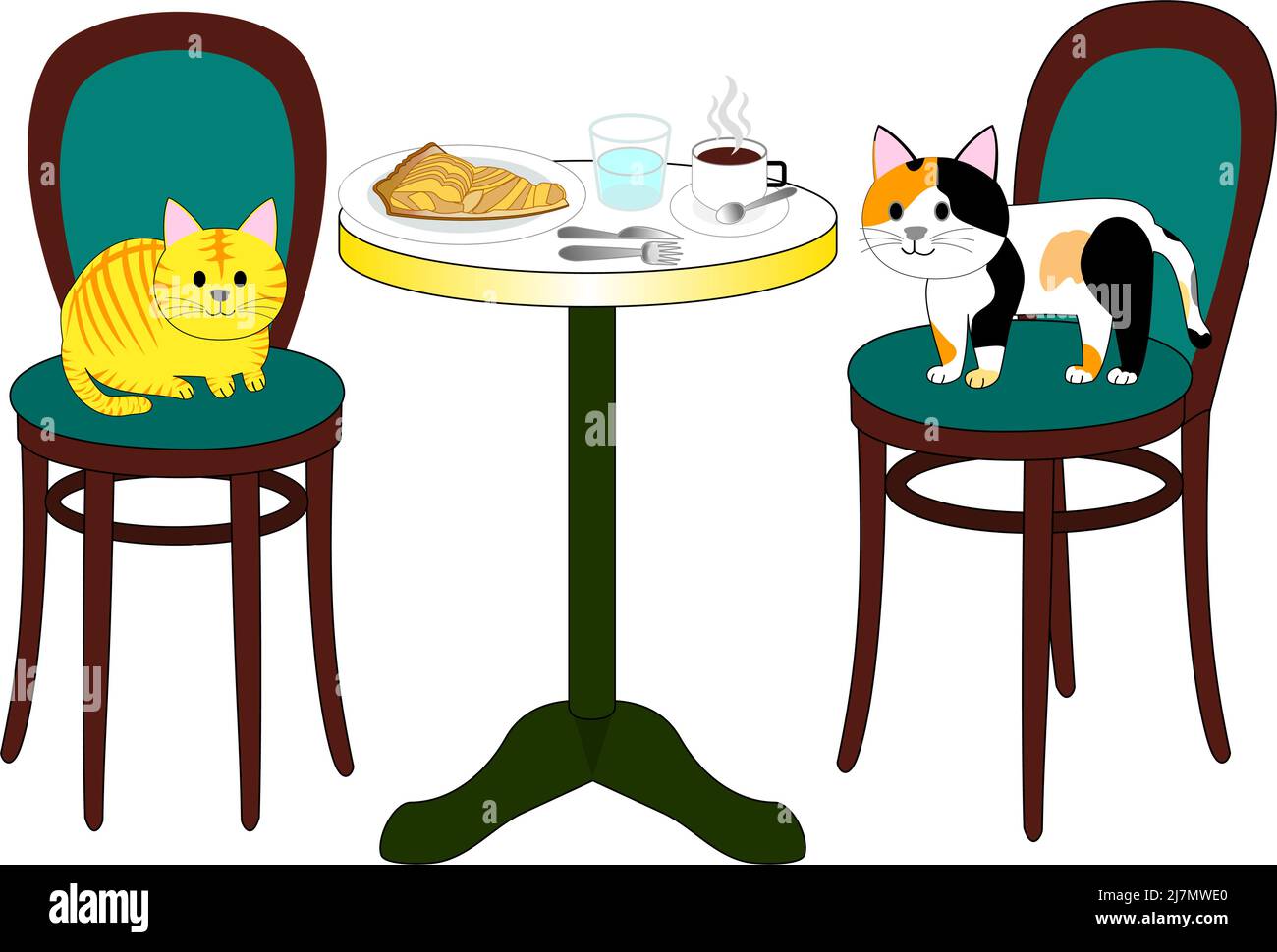 Un ensemble de Cat café avec fond blanc: Nourritures, boissons, chats et meubles Illustration de Vecteur