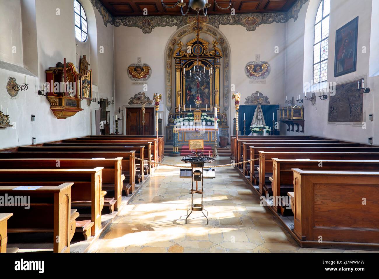 Allemagne Bavière route romantique. Augsbourg. Fuggerei, le plus ancien complexe de logements publics au monde encore en service. St. Markus Kapelle Banque D'Images