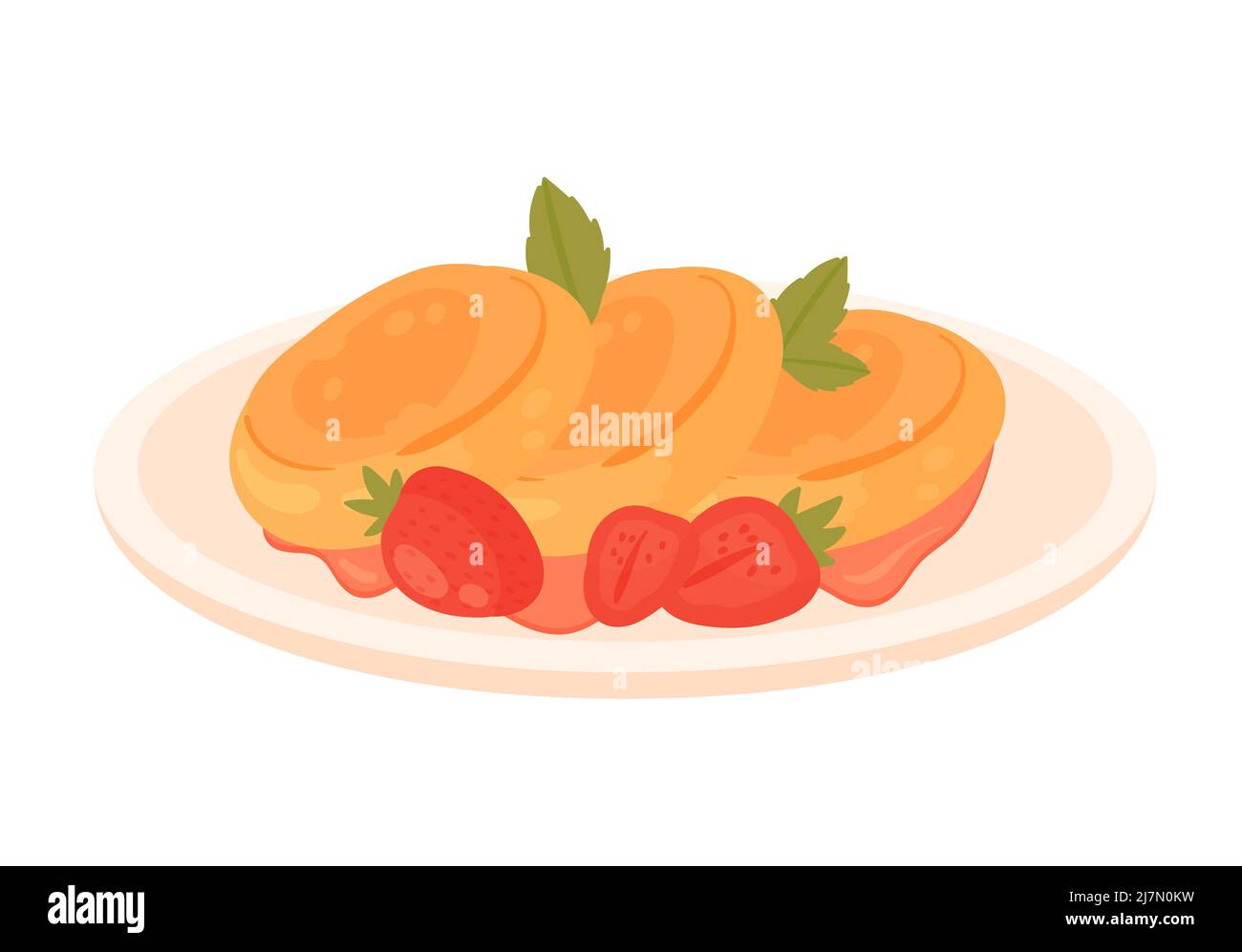 Crêpes avec fraises sur l'assiette du matin. Dessert du matin, illustration isolée du plat de petit déjeuner Illustration de Vecteur
