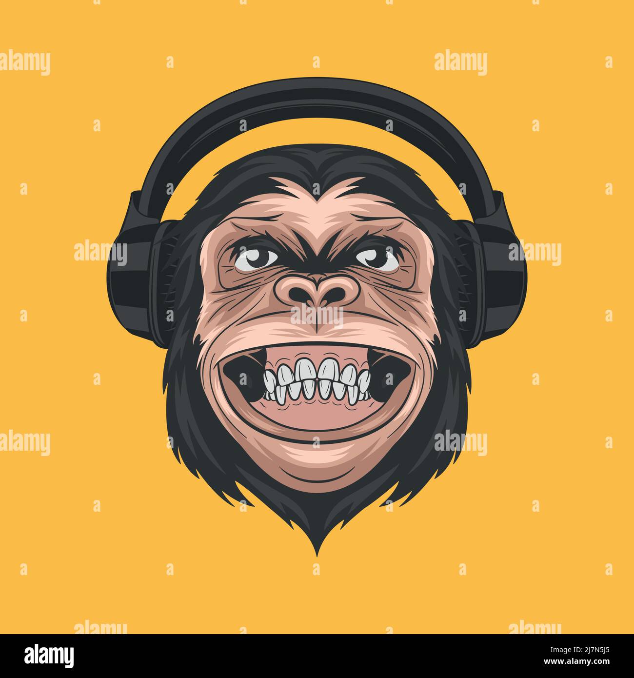Vector dessiné à la main DJ Smiling Chimpanzee APE avec casque. Tête de singe drôle et abstraite colorée pour l'art mural, imprimé T-shirt, affiche. Joli dessin animé Illustration de Vecteur
