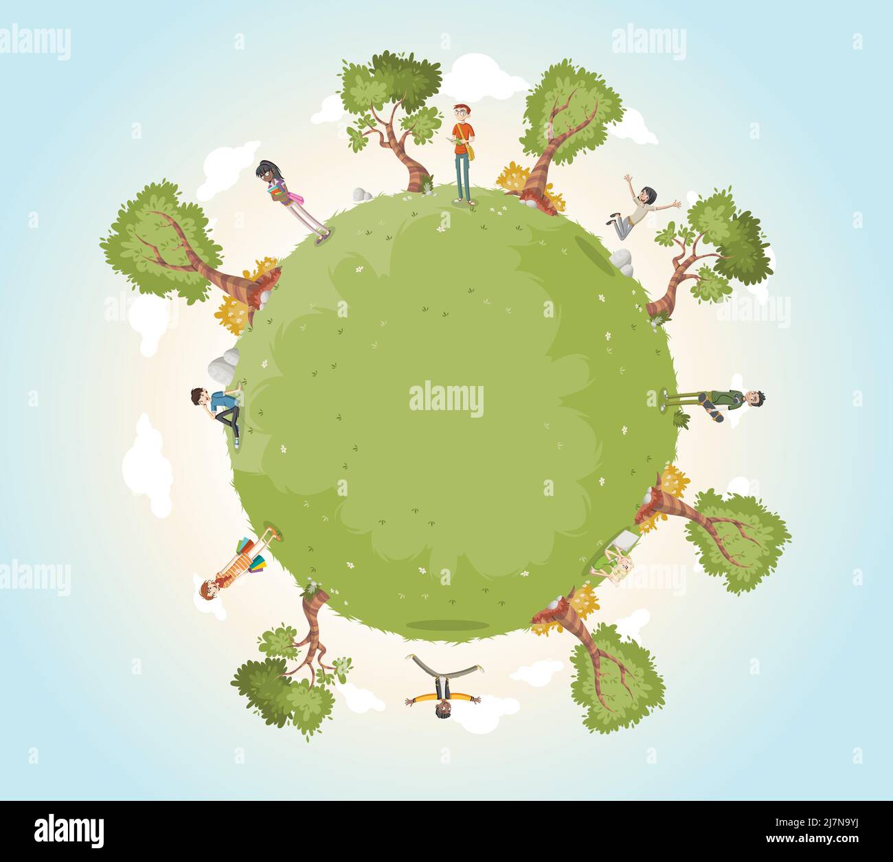 Planète Terre avec des adolescents de dessin animé . Arrière-plan de la nature. Le monde vert. Illustration de Vecteur