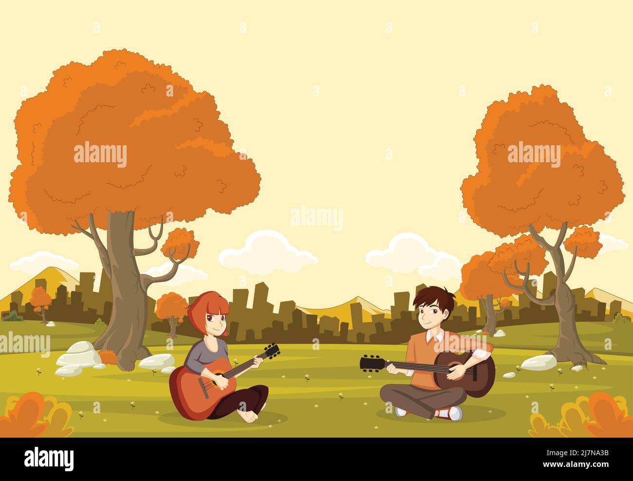 Des adolescents de dessin animé jouant de la guitare sur un beau parc. Paysage de la nature. Illustration de Vecteur