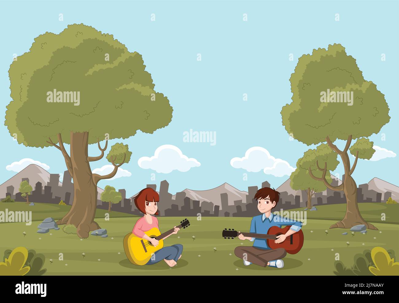Des adolescents de dessin animé jouant de la guitare sur un beau parc. Paysage de la nature. Illustration de Vecteur
