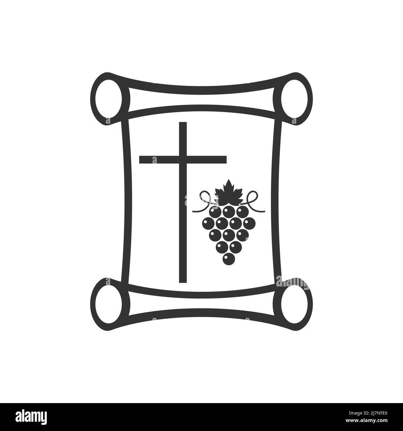 Illustration chrétienne. Logo de l'église. Défilement, croix de Jésus et vigne. Illustration de Vecteur