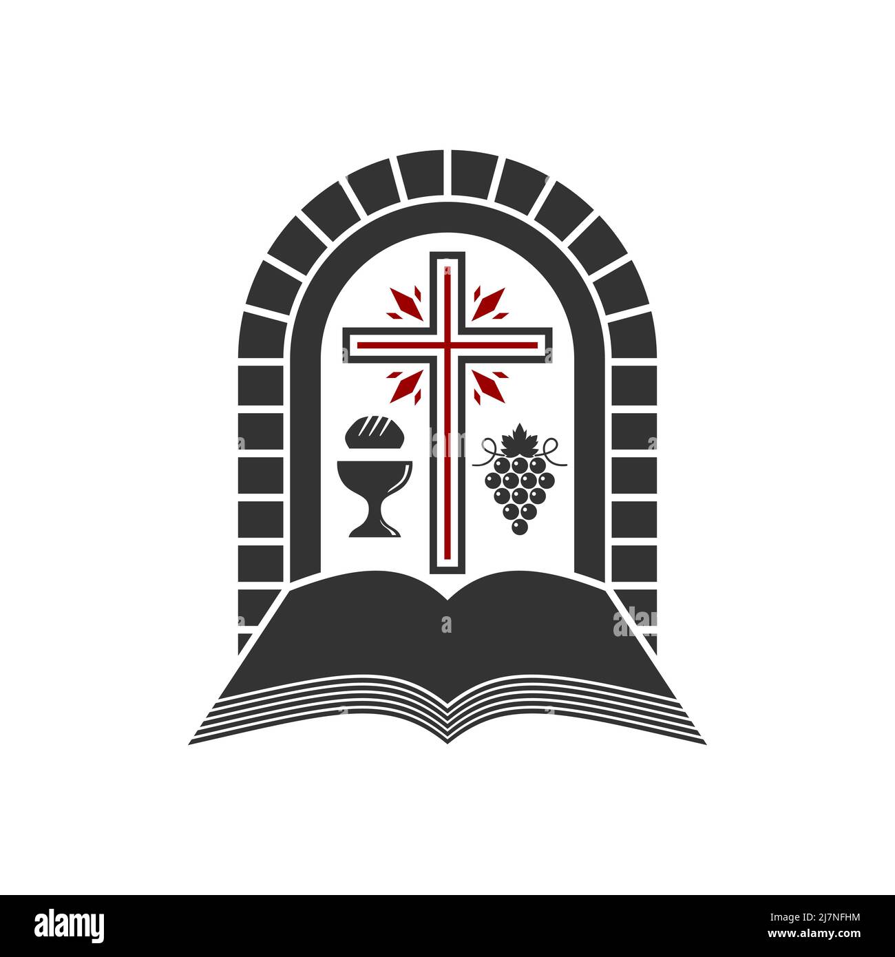 Illustration chrétienne. Logo de l'église. Croix et Bible ouverte avec des symboles de communion sainte. Illustration de Vecteur