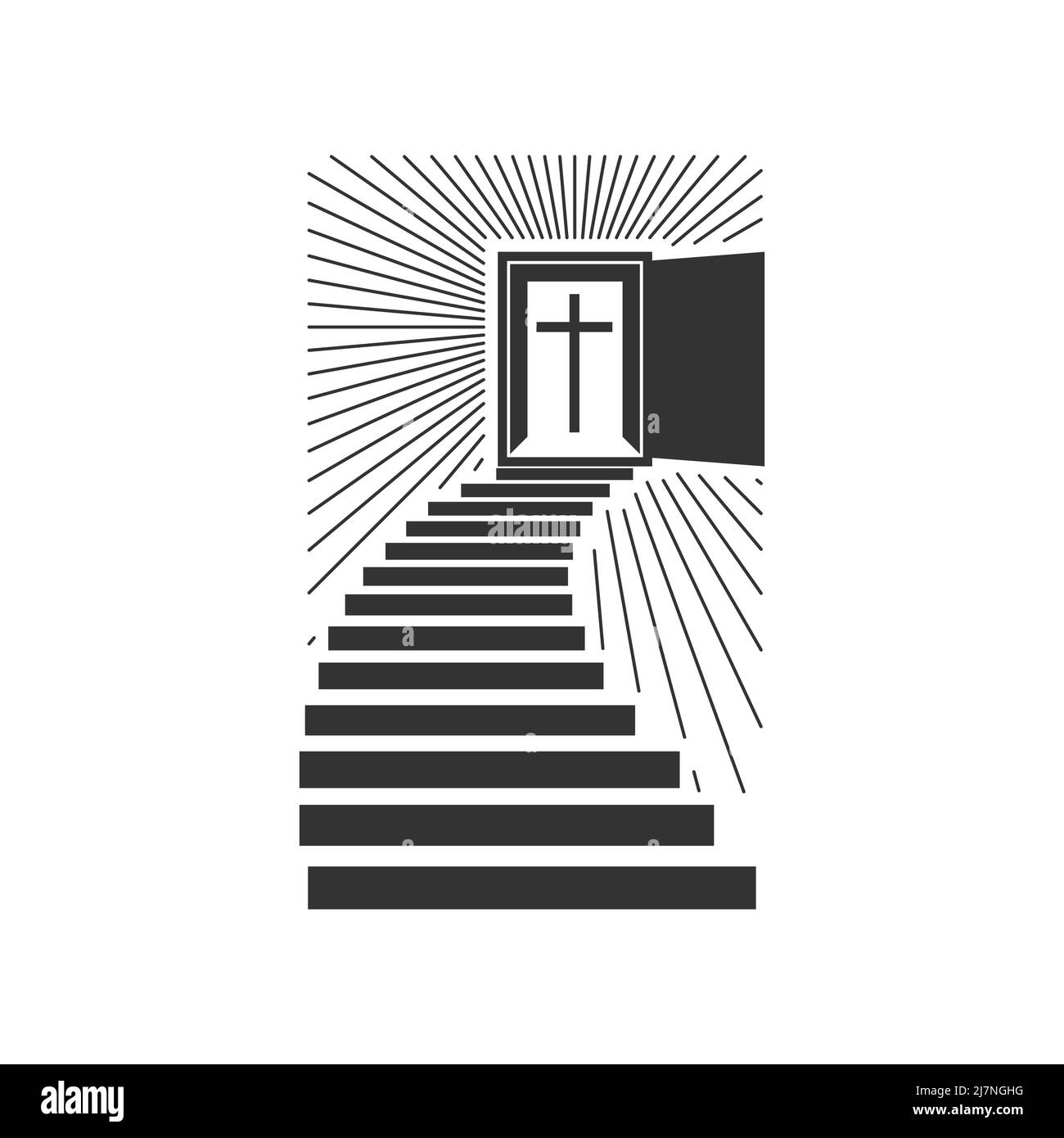 Illustration chrétienne. Logo de l'église. Escaliers menant à la porte, dans laquelle la croix de Jésus-Christ brille. Illustration de Vecteur