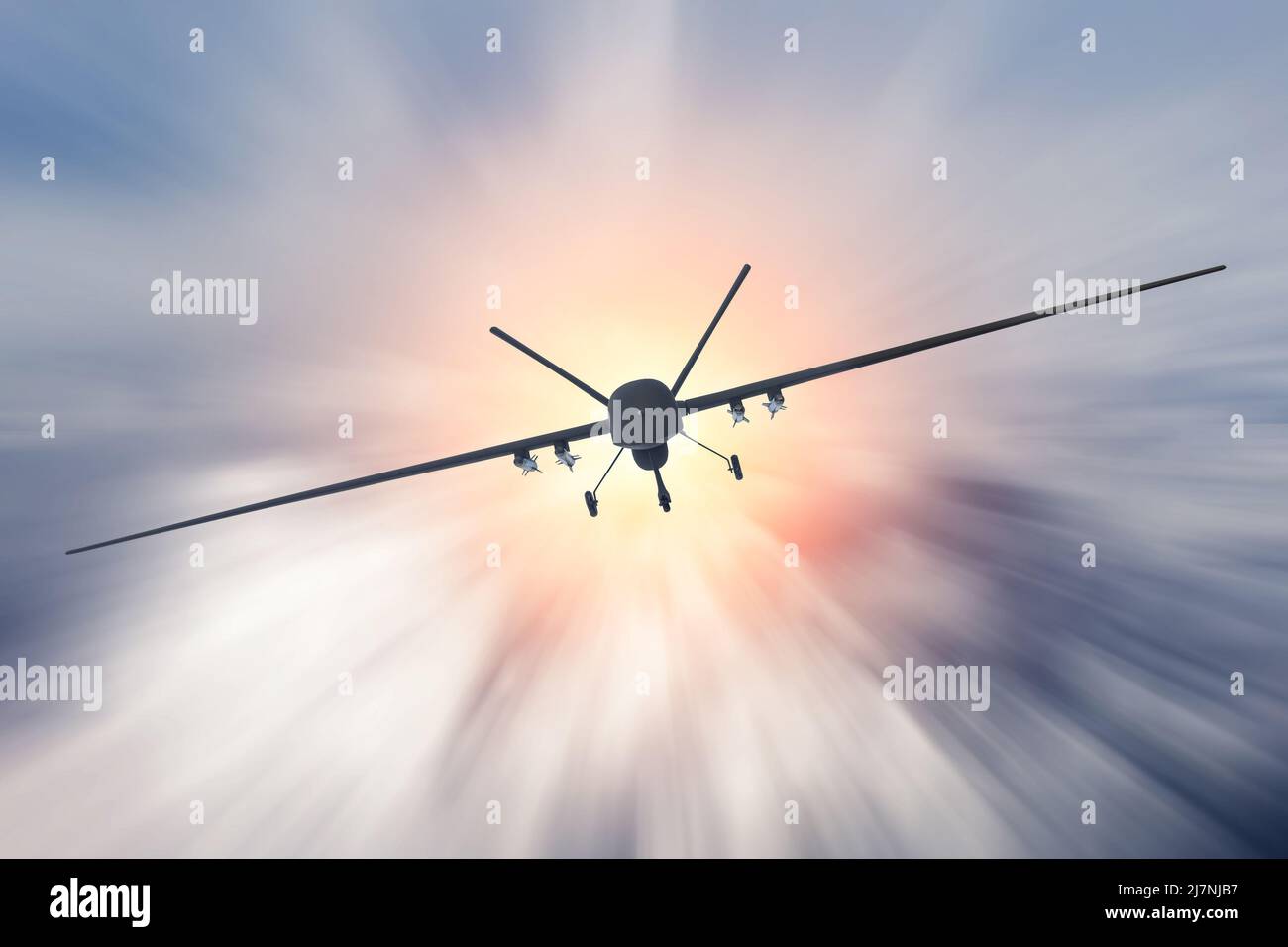 Drones militaires sans pilote uav volant à grande vitesse dans les nuages. Banque D'Images