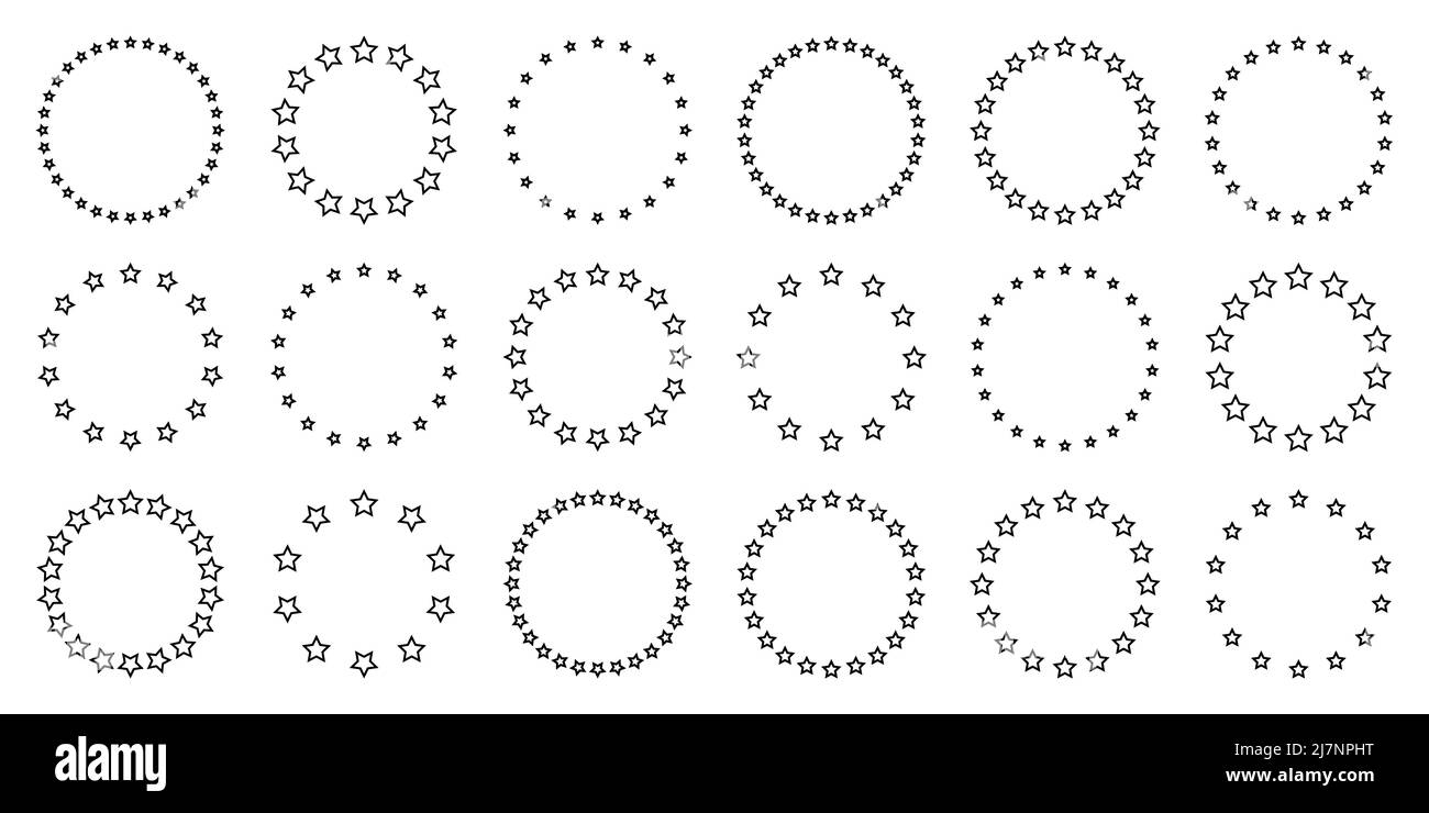 Étoiles de différentes tailles disposées en cercle. Cadre rond, bordure