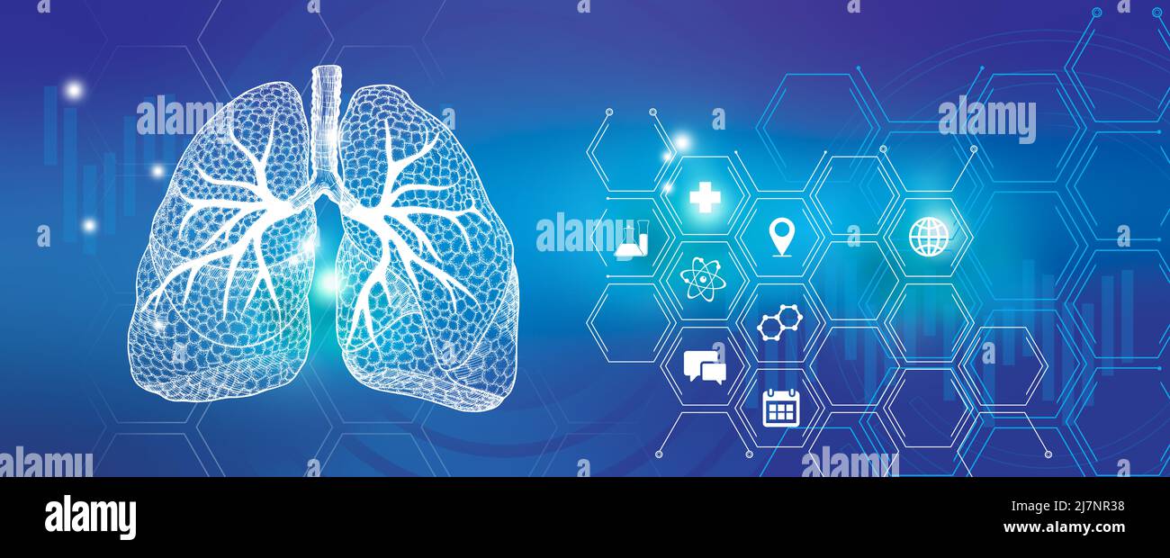 Recherche et rétablissement sur les maladies des poumons des organes internes humains. Palette de modèles bleue, espace de copie pour le texte. Banque D'Images
