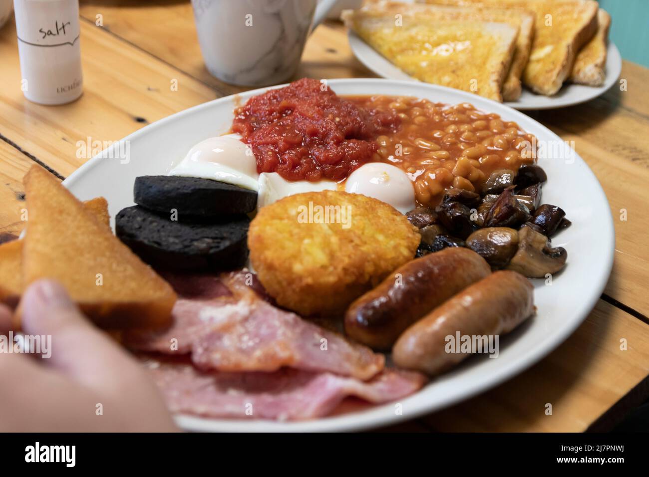 Un petit déjeuner anglais complet - également appelé « friture » - composé d'œufs, saucisses, bacon, tomates, champignons, haricots, pain frit, pot de haschbruns Banque D'Images