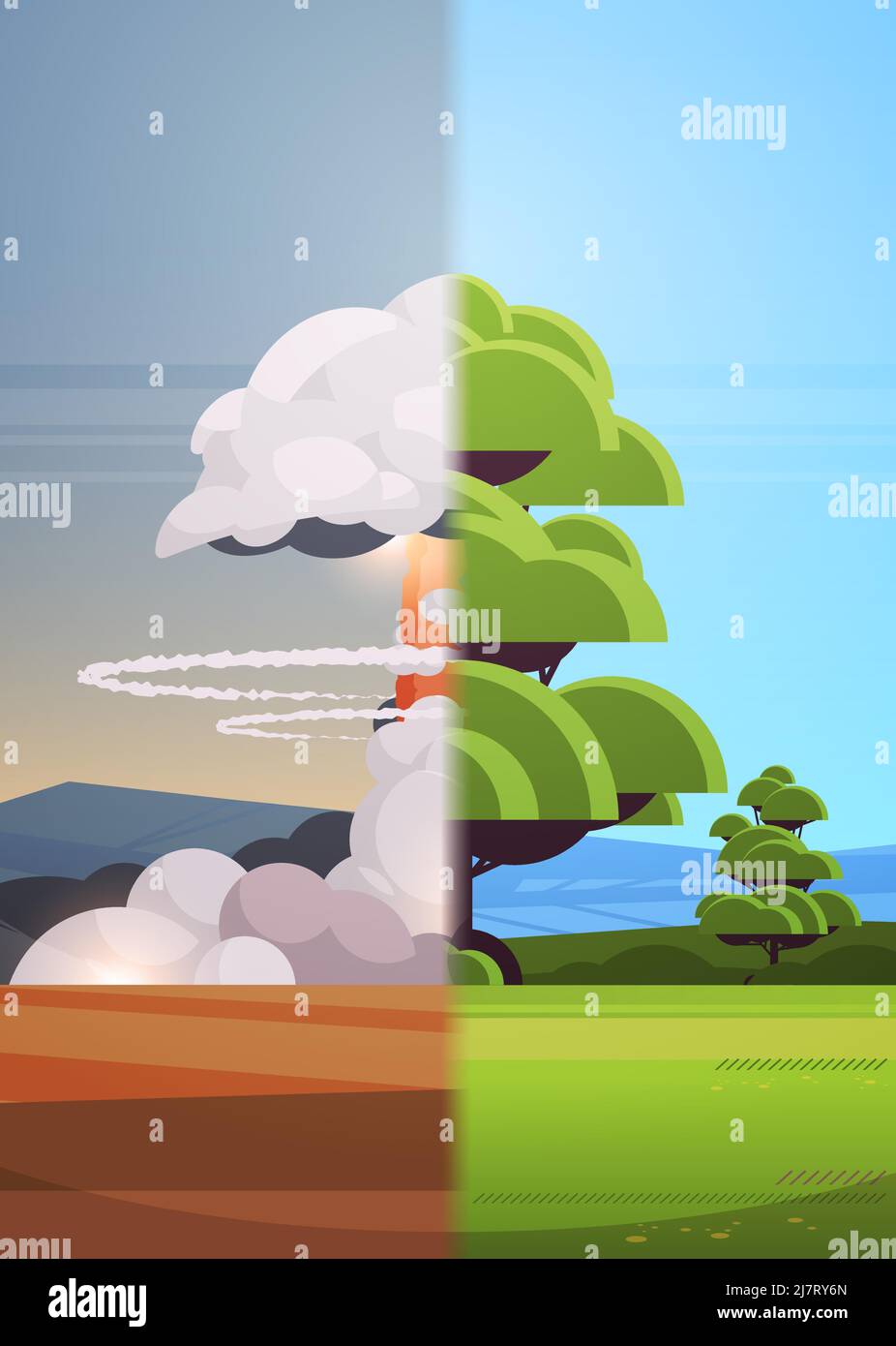 explosion nucléaire la montée de la boule de feu de nuages de champignons atomiques et d'apocalipce d'arbre vert détonation la destruction dangereuse arrêter l'utopie de guerre et la dystopie Illustration de Vecteur