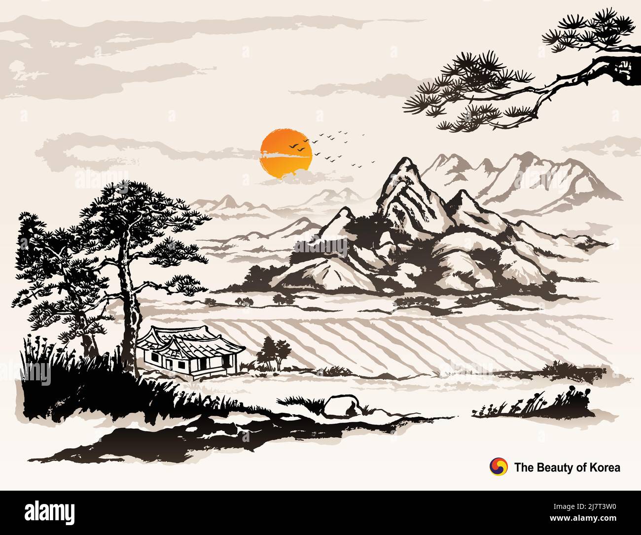 Belle Corée, montagnes, pins, hanok, paysage rural, Peinture à l'encre, illustration vectorielle traditionnelle coréenne. Illustration de Vecteur
