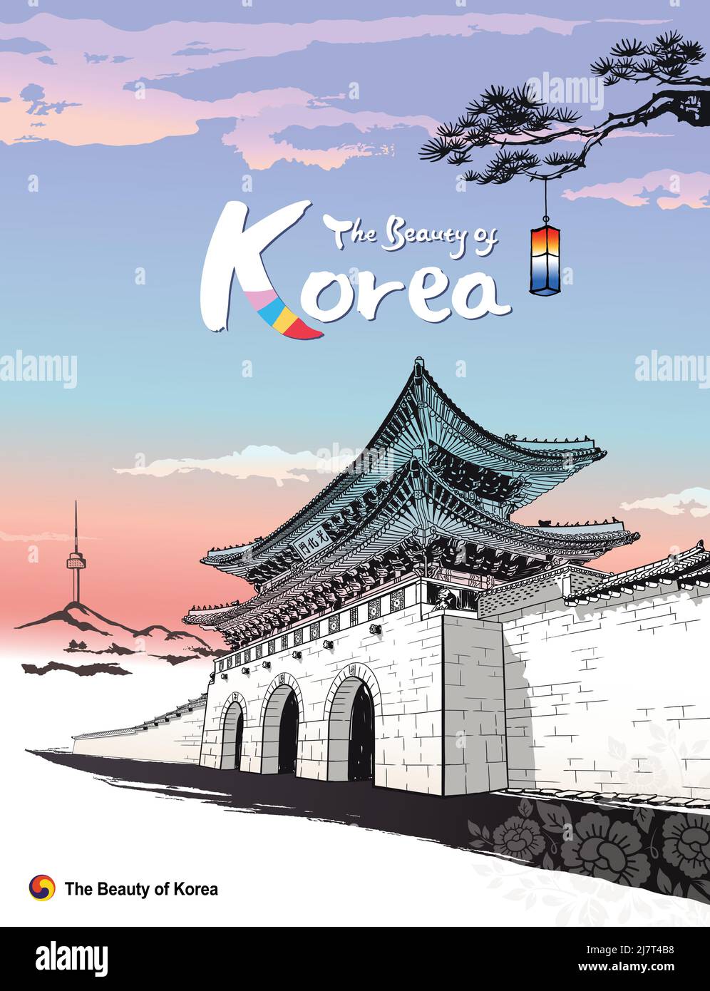 Magnifique Séoul, Corée. Palais traditionnel, Gwanghwamun, peinture à l'encre, illustration vectorielle traditionnelle coréenne. Illustration de Vecteur
