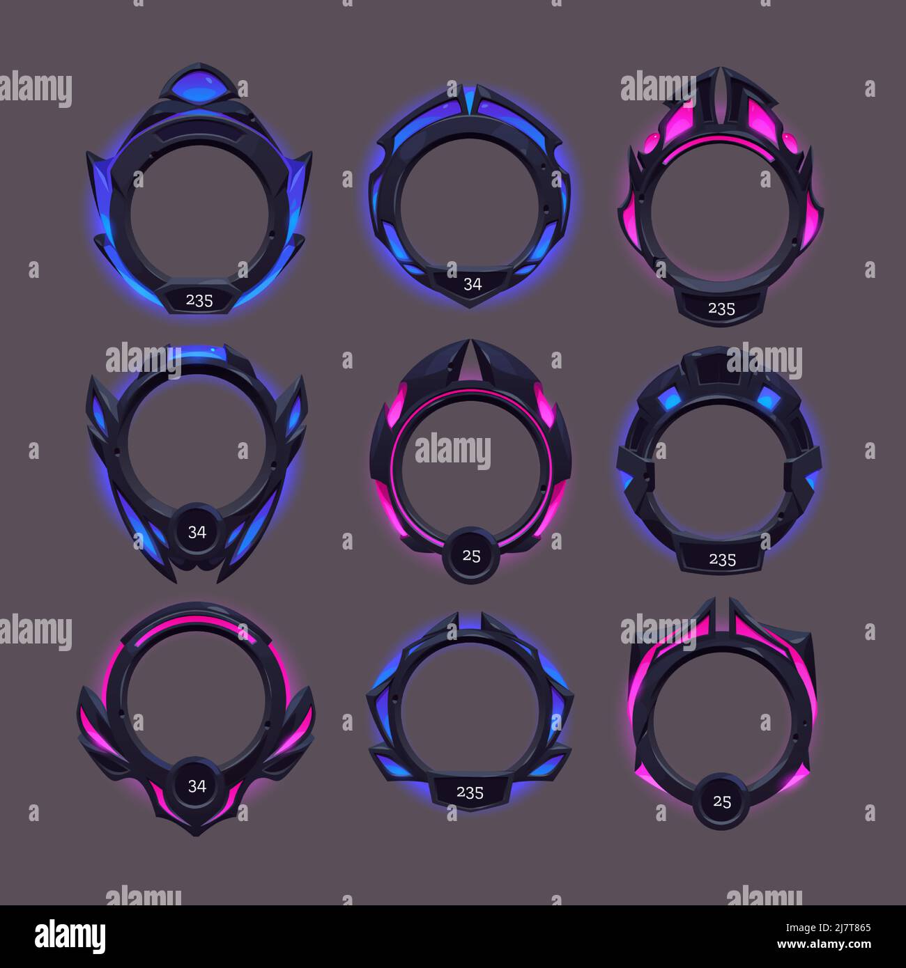 Cadres futuristes de bordure en métal noir pour avatar dans l'interface de jeu avec niveau ou grade. Ensemble de dessins animés vectoriels d'éléments graphiques de style science-fiction, cadres vides avec éclat bleu et rose Illustration de Vecteur