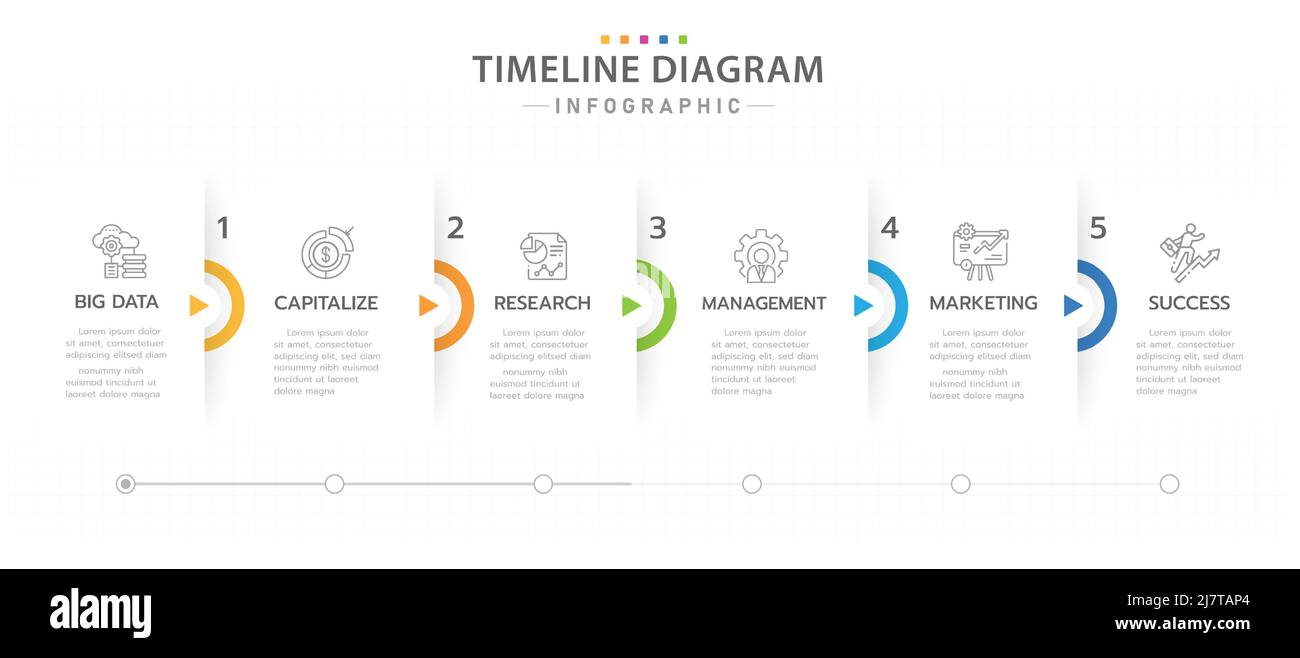 Modèle d'infographie pour les entreprises. 5 étapes Calendrier du diagramme de la Time-Line avec flèches, infographie de vecteur de présentation. Illustration de Vecteur