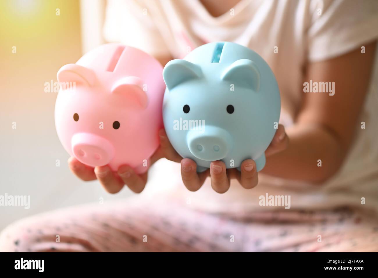 Enfant femme main tenir la banque de porc bleu et rose pour économiser de  l'argent pour l'étude ou l'investissement d'éducation, concept d'argent  d'économie, les mains de fille tenant pi rose Photo Stock -