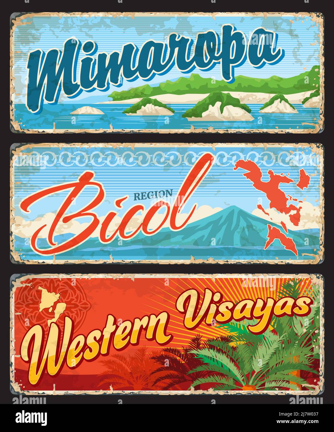 Mimaropa, Bicol et Western Visayas étiquettes de voyage et plaques vectorielles Philippines. Les régions et les provinces des Philippines présentent des panneaux ou des plaques de métal avec des cartes insulaires, des repères et des symboles nationaux Illustration de Vecteur Mimaropa, Bicol et Western Visayas étiquettes de voyage et plaques vectorielles Philippines. Les régions et les provinces des Philippines présentent des panneaux ou des plaques de métal avec des cartes insulaires, des repères et des symboles nationaux Illustration de Vecteur