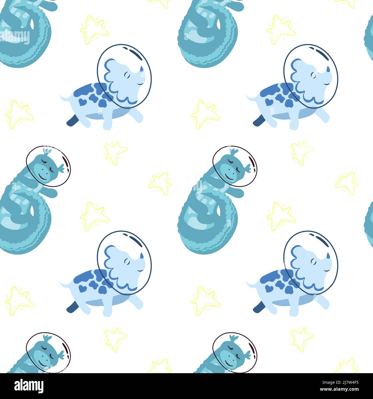 Motif sans couture de jolis dinosaures dormant dans l'espace. Vecteur de style dessin animé. Astronaute de dinosaures avec étoiles sur fond blanc Illustration de Vecteur