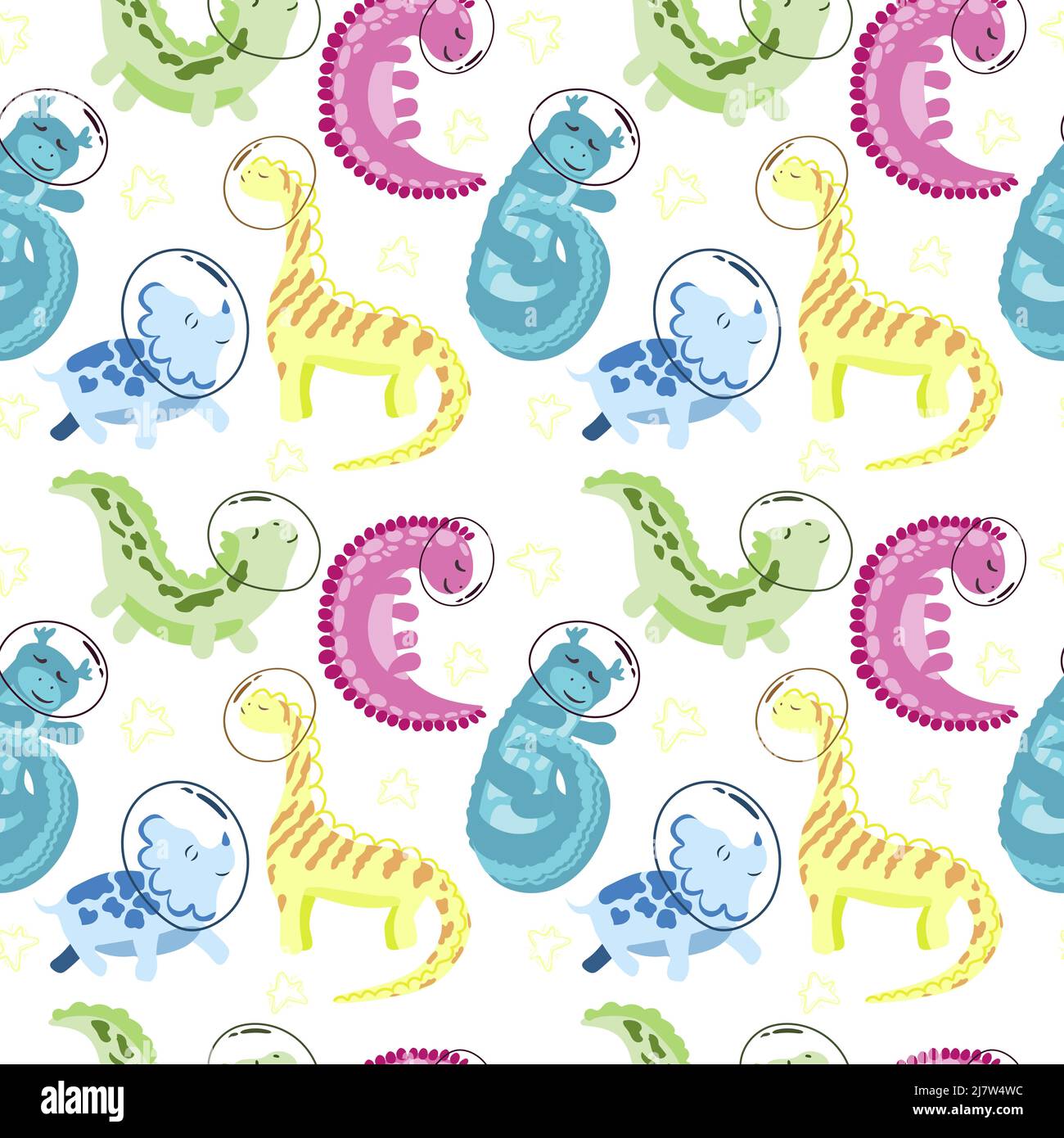 Motif sans couture de jolis dinosaures multicolores dans l'espace. Vecteur de style dessin animé. Astronaute de dinosaures avec étoiles sur fond blanc Illustration de Vecteur