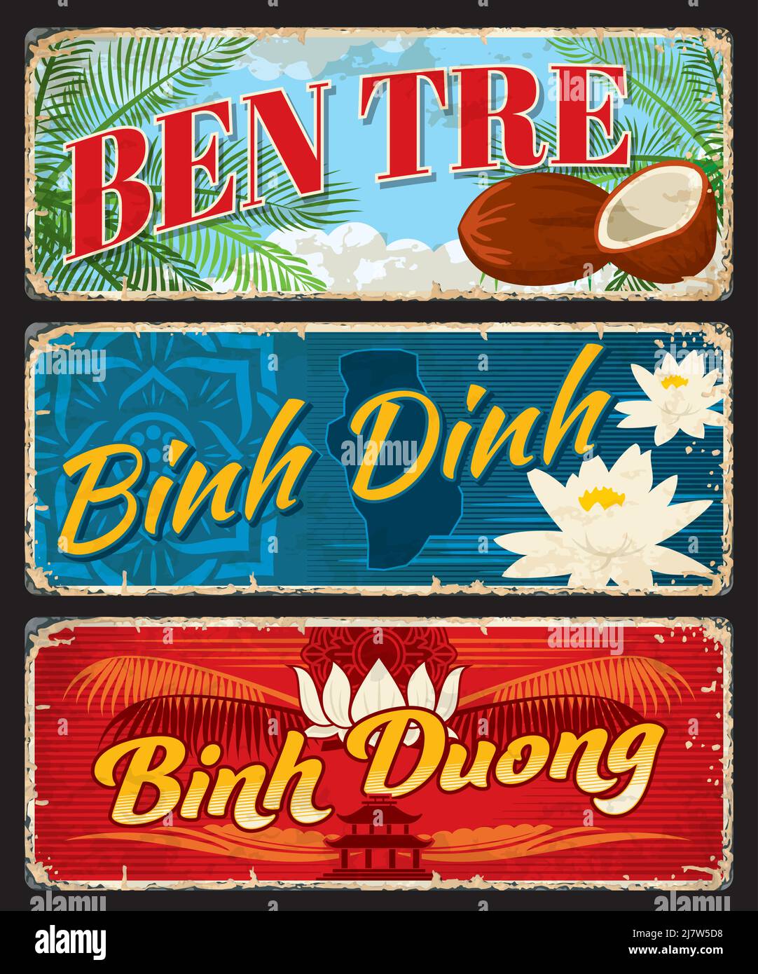 Ben Tre, Binh Dinh et Binh Duong, autocollants de voyage vietnamiens et plaques vectorielles. Les régions et les provinces du Vietnam présentent des panneaux ou des plaques métalliques avec des repères et le symbole national de la mer, de la noix de coco et de la fleur Illustration de Vecteur