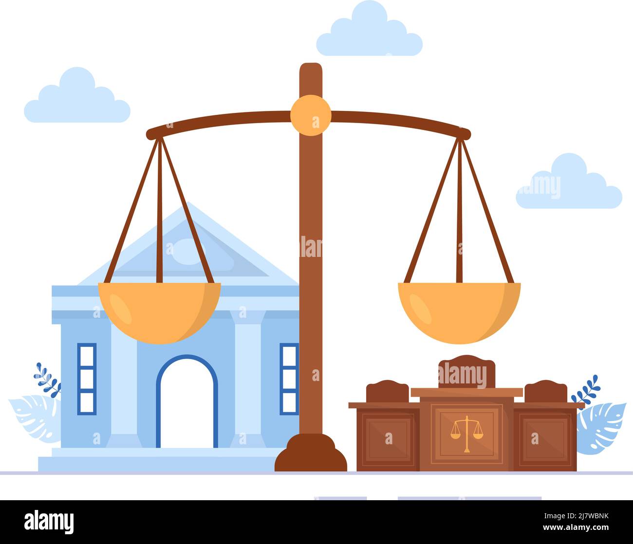 Cour il y a Justice, décision et droit avec lois, balances, bâtiments, juge en bois marteau dans dessin de dessin de dessin de dessin plat Illustration de Vecteur