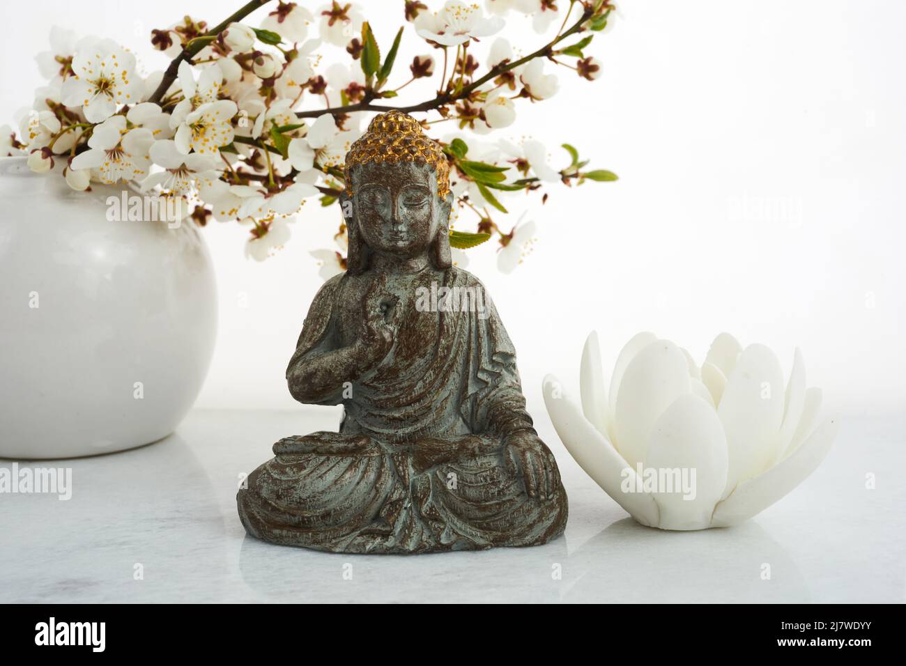 Vesak, Wesak, anniversaire de Bouddha. Statue de Bouddha avec cerisier fleuri sur fond blanc. Rituel spa. Santé mentale et méditation. Banque D'Images