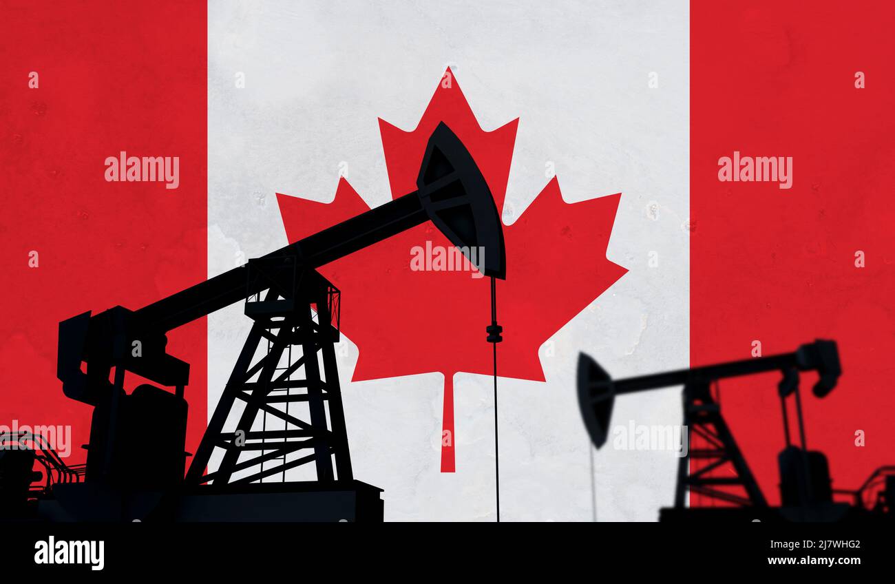 Contexte de l'industrie du pétrole et du gaz. Silhouette de la pompe à huile contre un drapeau du canada. 3D rendu Banque D'Images