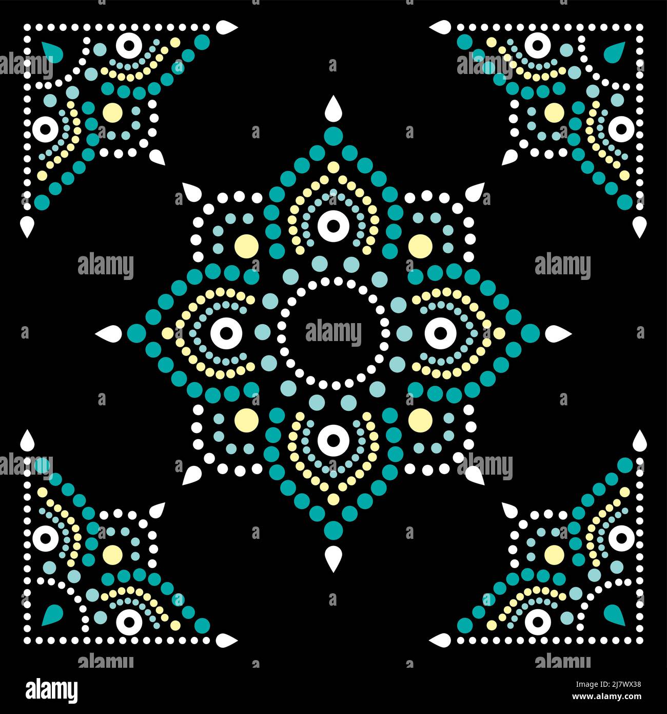 Mandala florale de style Aborignal avec coins point peinture vector design, Australian folk art carré composition en vert sur fond noir Illustration de Vecteur