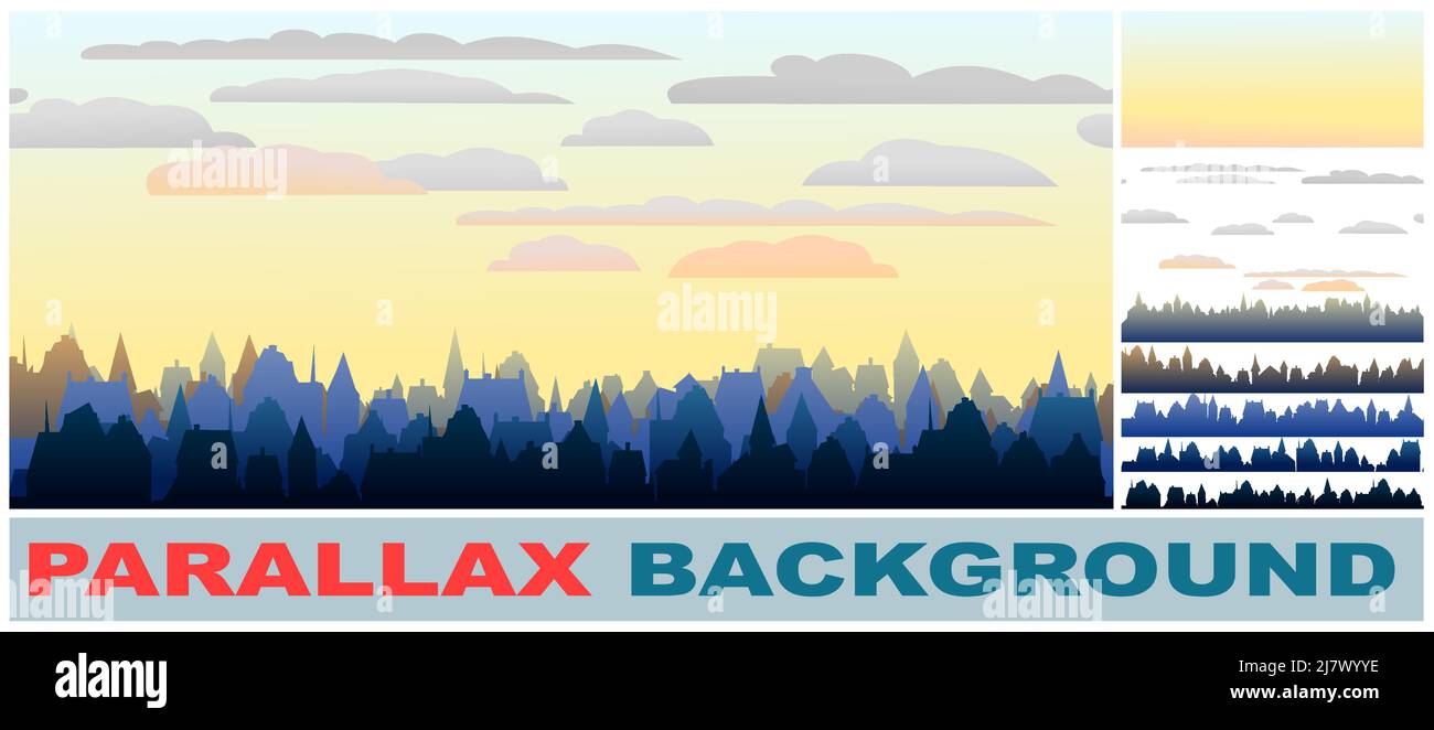 Silhouette des petites rues de ville. Définir l'effet de parallaxe. Toits de maisons. Paysage de campagne. Style dessin animé plat. Illustration parfaite. Vecteur. Illustration de Vecteur