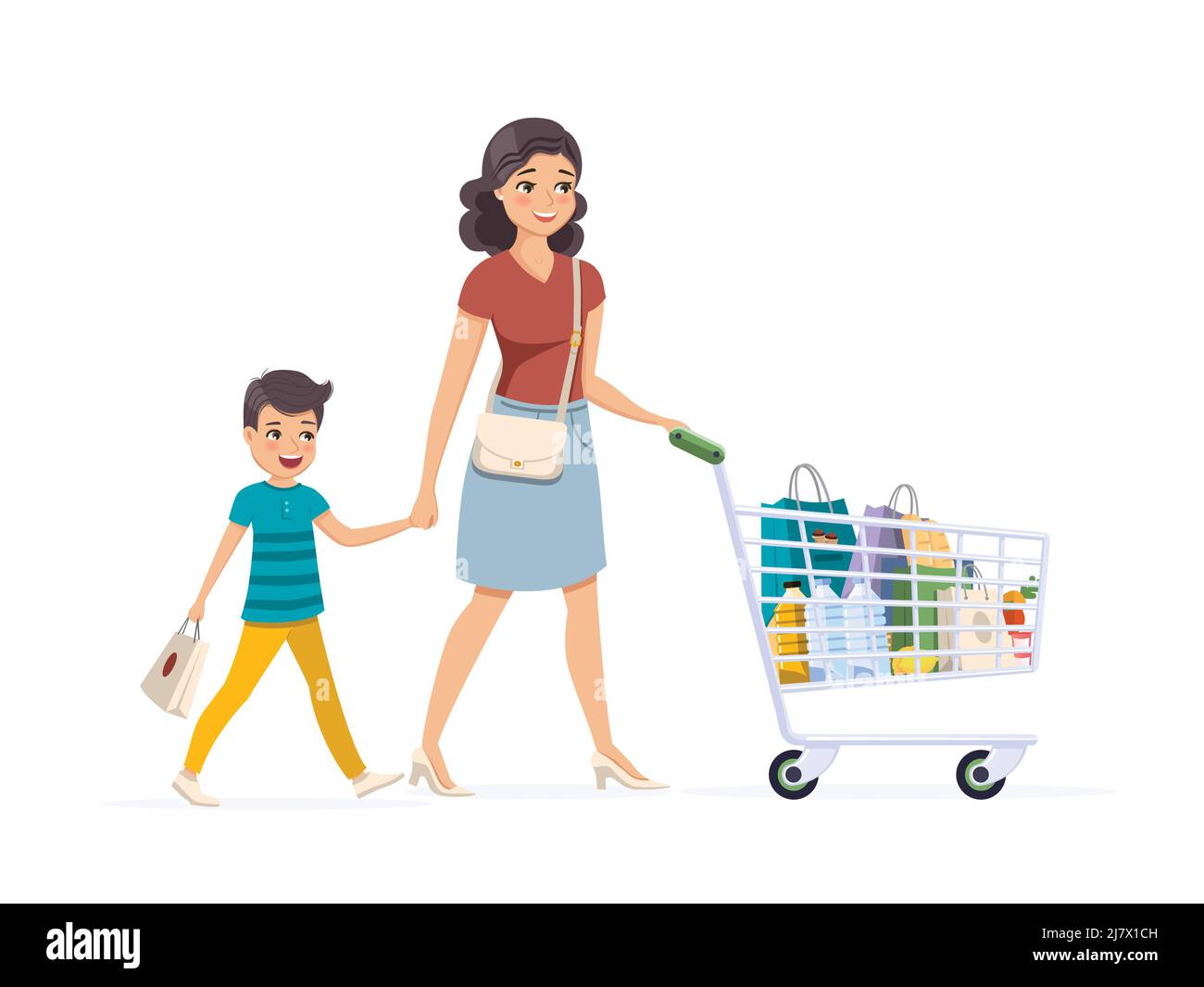 Mère et son fils font leurs courses avec un chariot d'épicerie complet. Illustration vectorielle Illustration de Vecteur