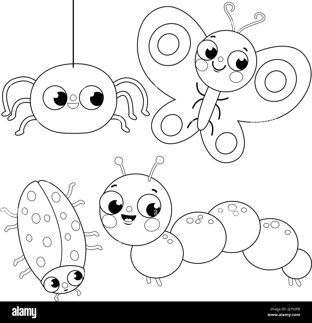 Ensemble de punaises mignons. Une araignée, un papillon, un coléoptère et une chenille. Page de couleur noire et blanche vectorielle Illustration de Vecteur
