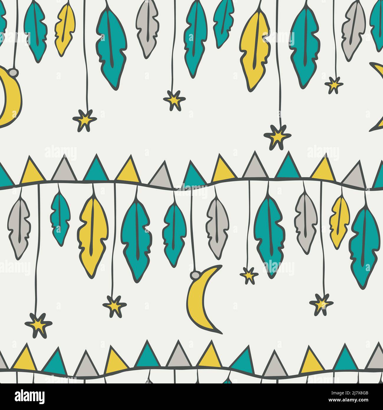 Motif vectoriel sans couture avec plumes et étoiles sur fond blanc. Papier peint de pépinière simple pour les enfants. Textile de mode tribal. Illustration de Vecteur