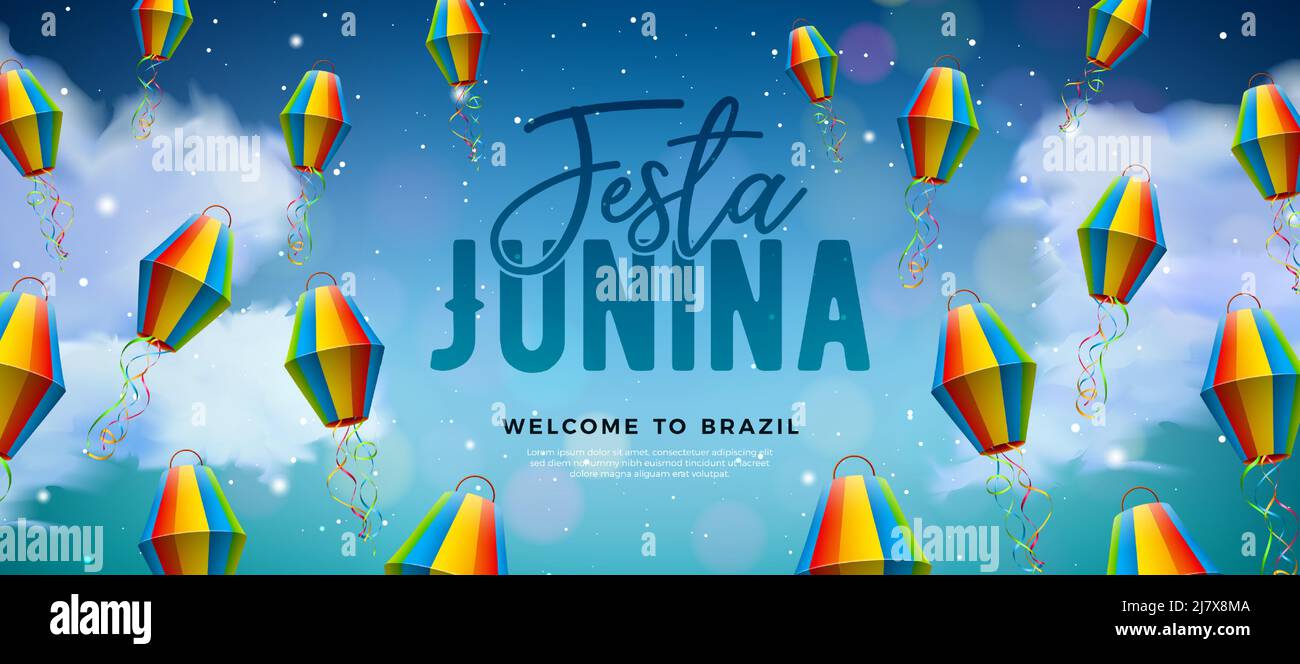 Festa Junina Illustration avec lanterne en papier et typographie lettrage sur fond bleu ciel nuageux. Vector Brésil juin Festival de Sao Joao Design pour Illustration de Vecteur